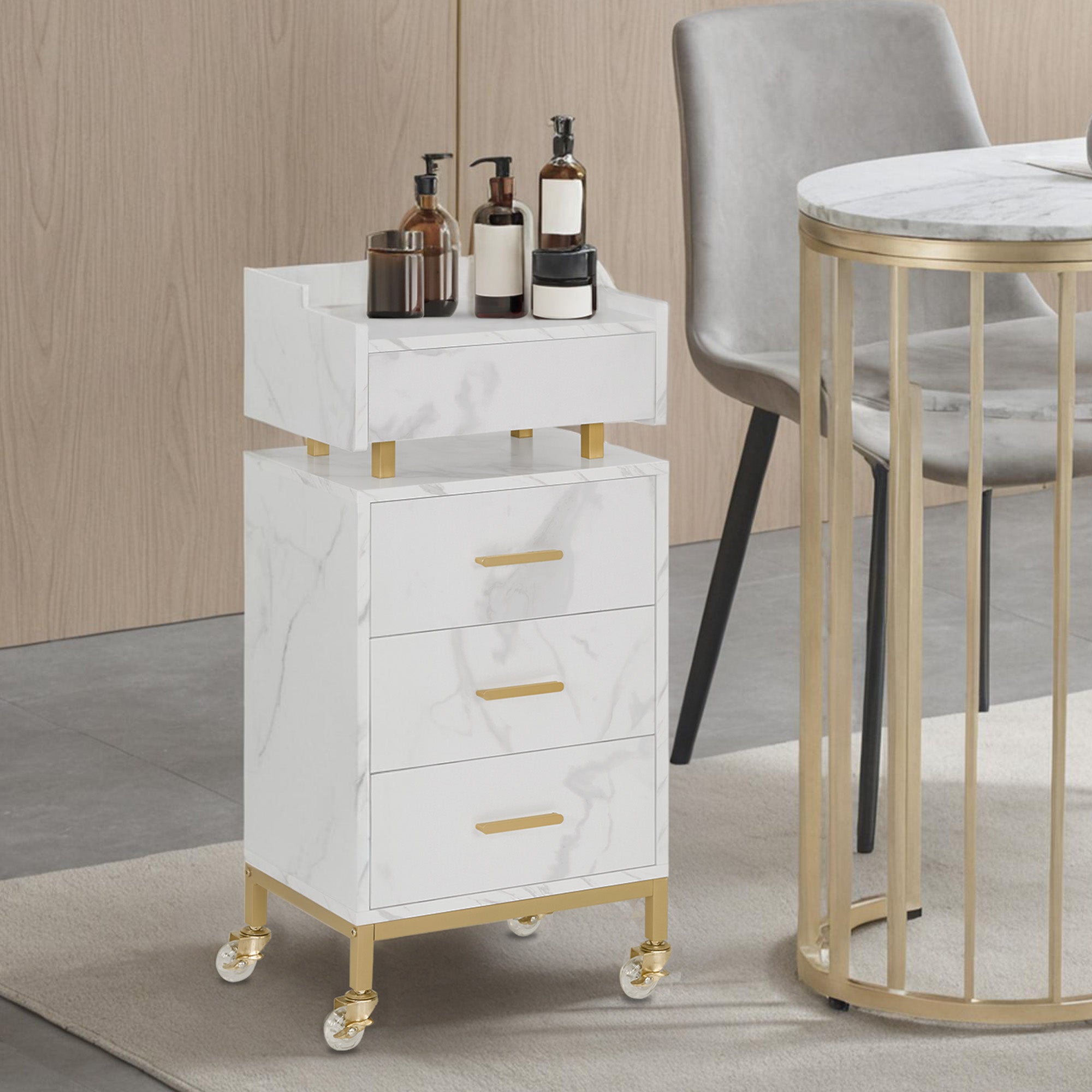 BarberPub Serving Cart with Wheels & 4 Drawers, White Hairdressing Trolley, Salon Trolley with Storage, Modern Work Cart for Bathroom or Living Room, 30 x 40 x 86.5 cm, 0062