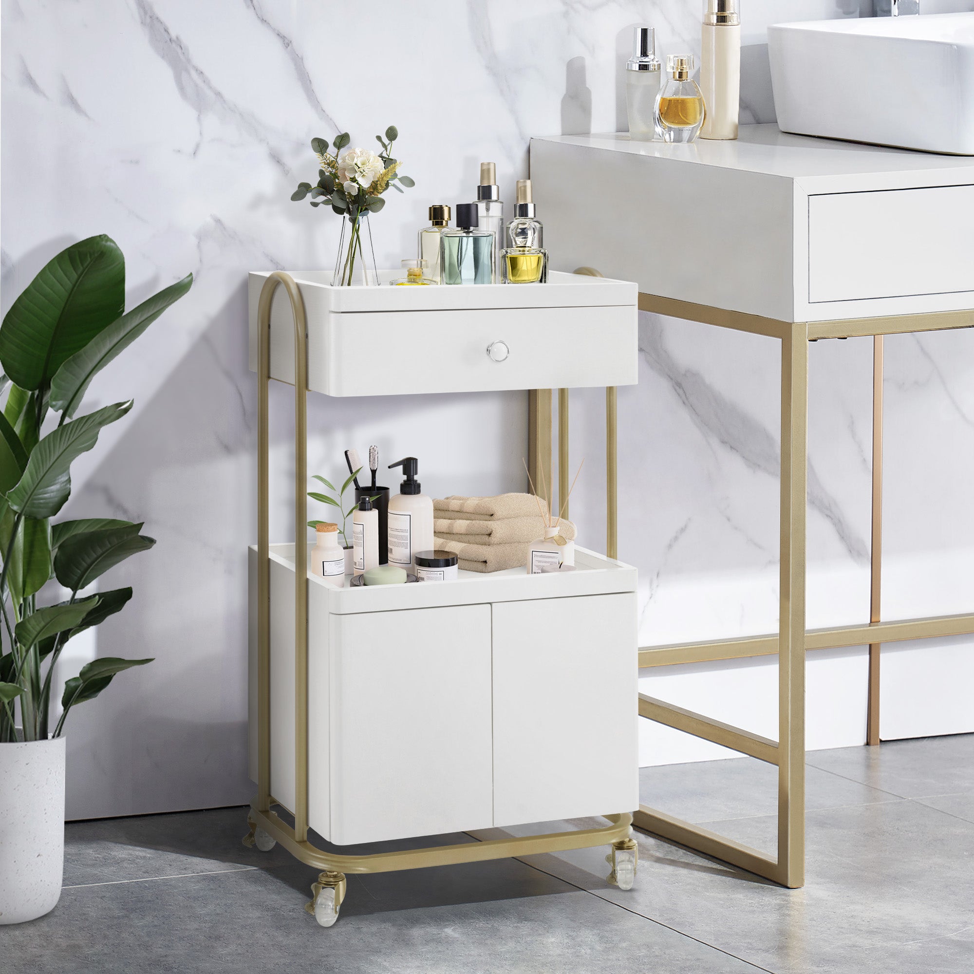 Desserte BarberPub avec roulettes et tiroir, desserte de coiffure blanc-doré, desserte de salon avec 2 étagères et armoire, desserte de travail moderne pour salle de bain et salon, 36 x 50 x 87 cm, 0086
