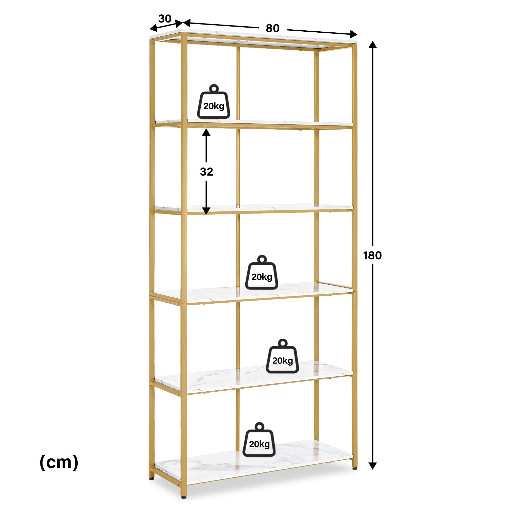 BarberPub Étagère Dorée, Étagère sur Pieds à 5 Niveaux, Étagère de Bureau avec Cadre Métallique, Étagère pour Bureau, Salon, Chambre, Cuisine, Salon de Manucure, 30x80x180cm, 5166