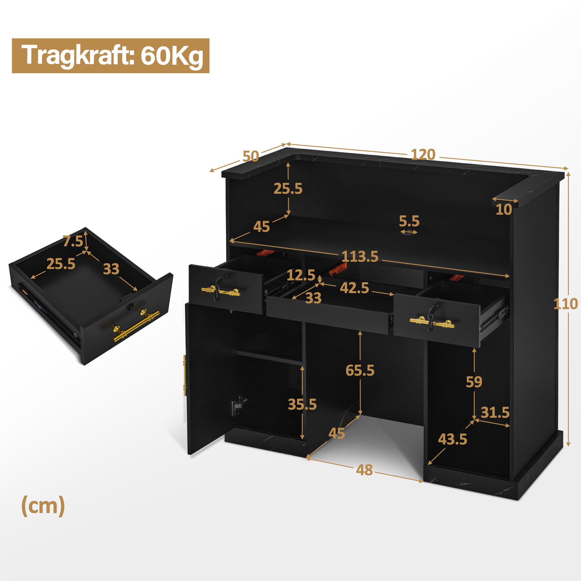 BarberPub Comptoir d'accueil avec 2 tiroirs et 2 placards, Table d'accueil verrouillable, Comptoir de réception en bois, Comptoir de caisse pour salon de coiffure, 50x120x110cm, R9792 (Noir-Or)