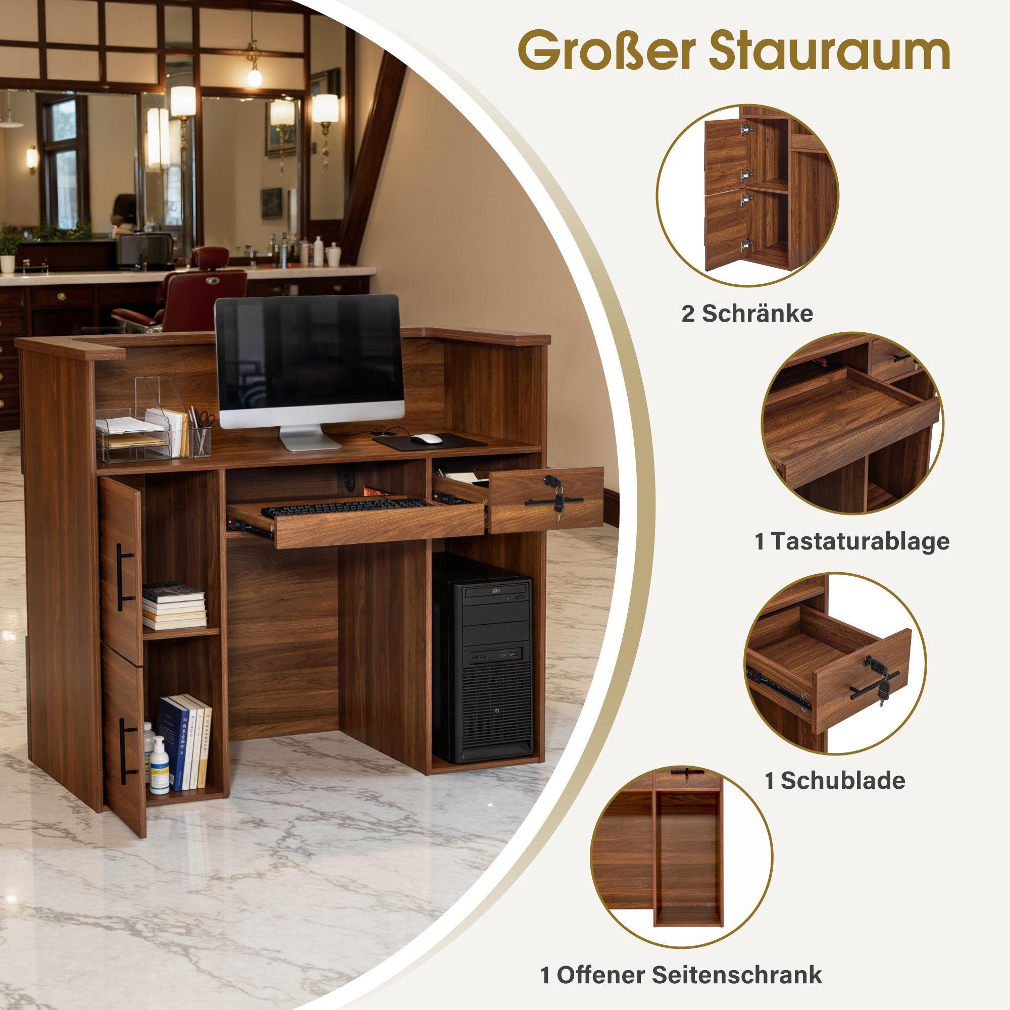 BarberPub Reception Desk with 2 Drawers & 3 Cabinets, Lockable Reception Table, Wooden Reception Counter, Reception Desk Cashier Desk for Hair Salon, 55x120x110 cm, R9760 (Brown)