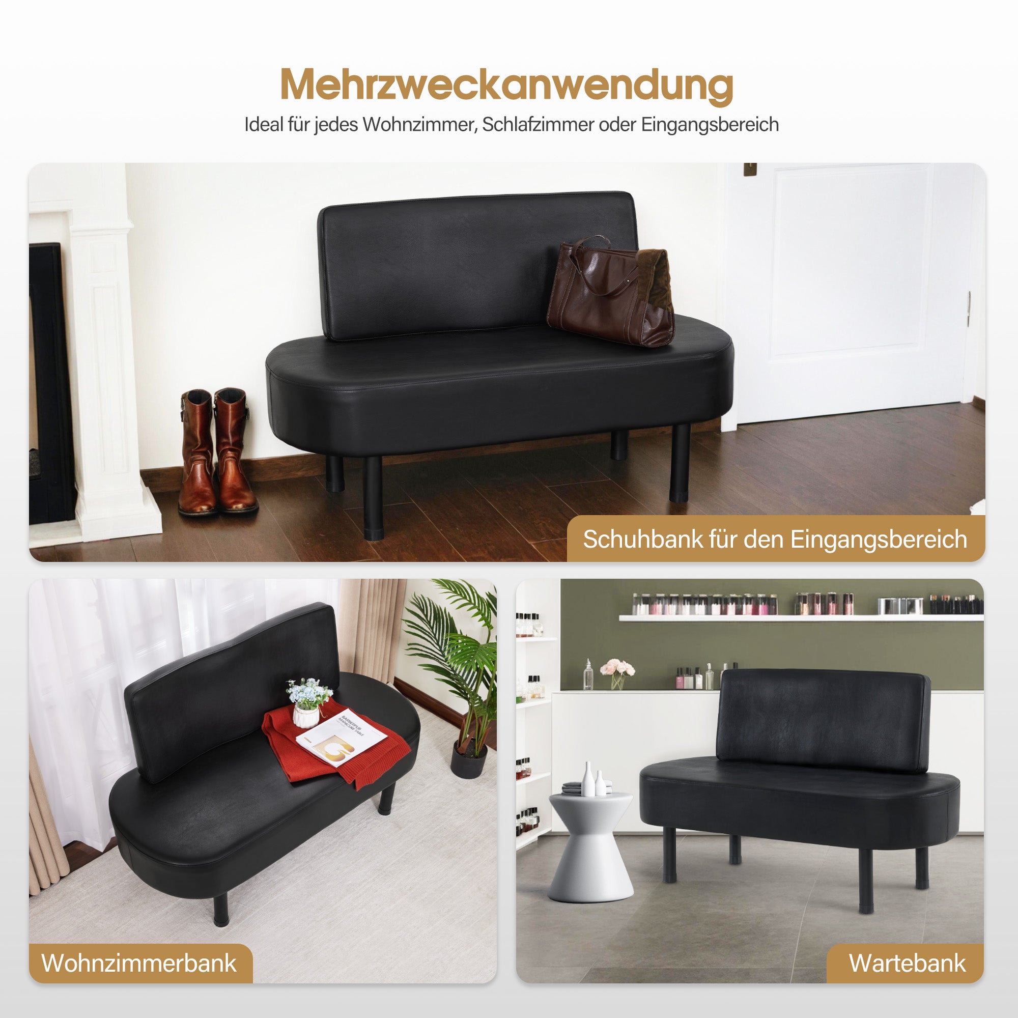 BarberPub 3-seater bench with backrest, 130 cm waiting bench for hair salon, upholstered bench with backrest, hallway bench black, living room bench, shoe bench W517 (black/faux leather)