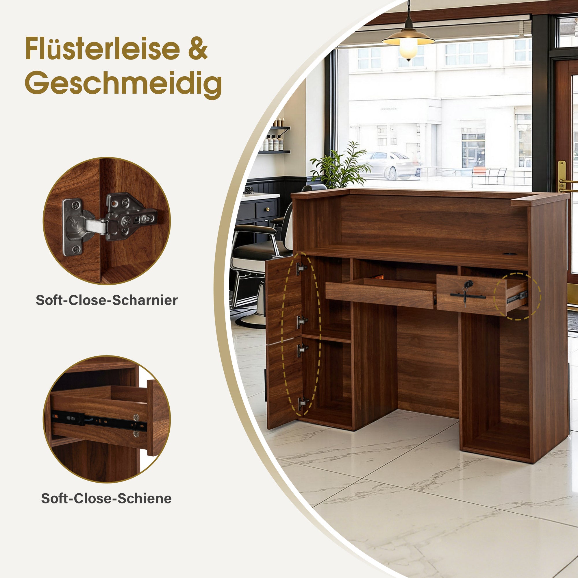 BarberPub Reception Desk with 2 Drawers & 3 Cabinets, Lockable Reception Table, Wooden Reception Counter, Reception Desk Cashier Desk for Hair Salon, 55x120x110 cm, R9760 (Brown)