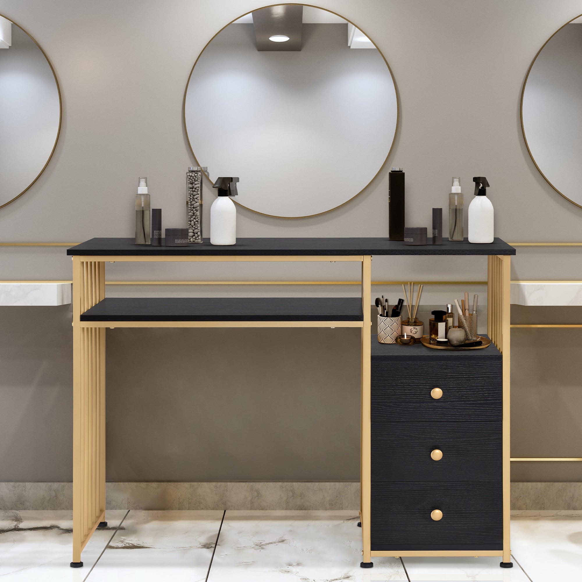 Bureau de barbier avec tiroirs, coiffeuse sans miroir, table à ongles en bois avec cadre en métal, table d'ordinateur pour le salon, moderne, 109 x 45,5 x 81 cm, 2407
