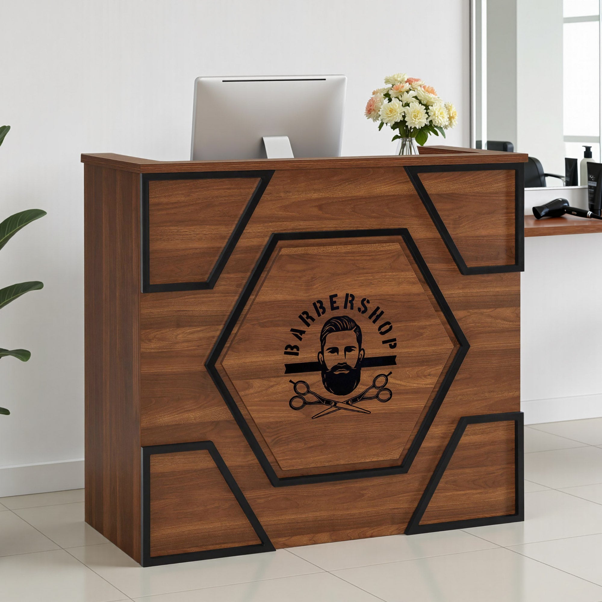 BarberPub Reception Desk with 2 Drawers & 3 Cabinets, Lockable Reception Table, Wooden Reception Counter, Reception Desk Cashier Desk for Hair Salon, 55x120x110 cm, R9760 (Brown)