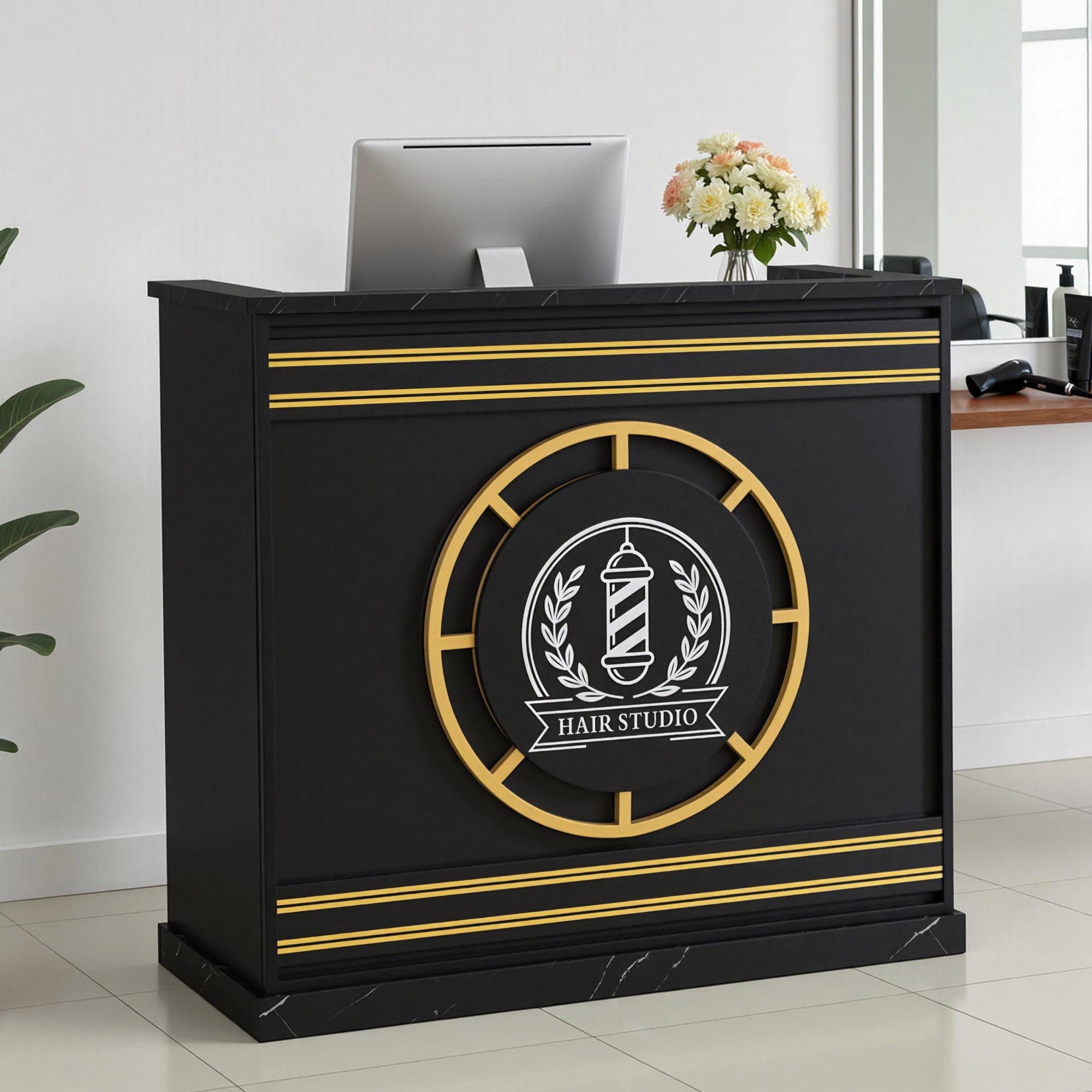BarberPub Comptoir d'accueil avec 2 tiroirs et 2 placards, Table d'accueil verrouillable, Comptoir de réception en bois, Comptoir de caisse pour salon de coiffure, 50x120x110cm, R9792 (Noir-Or)