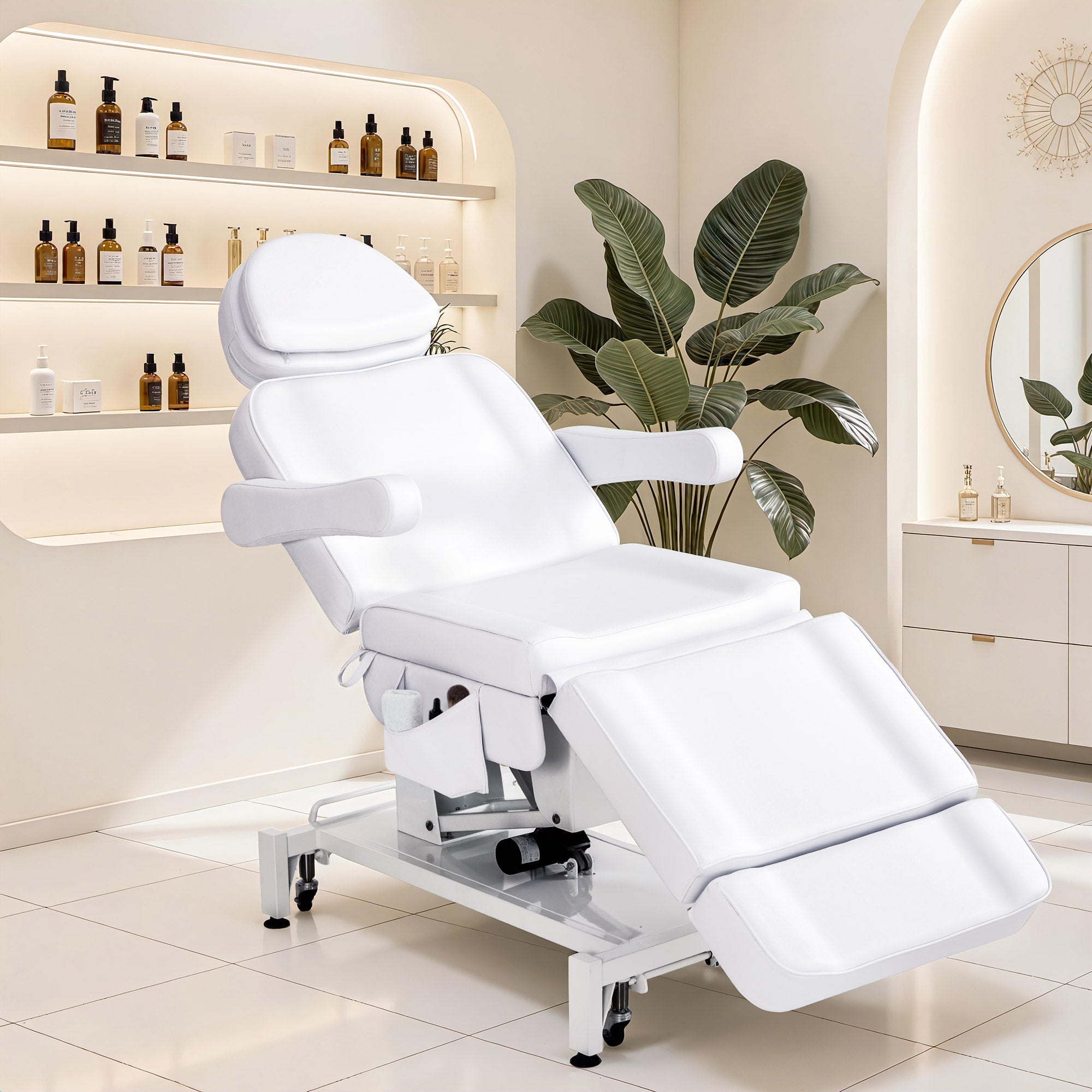 BarberPub Fauteuil Cosmétique Électrique avec 3 Moteurs & Roues, Table de Massage Pliable & Réglable en Hauteur de 16CM, Accoudoirs Rotatifs à 180°, Chaise de Tatouage pour Salon SPA 0754