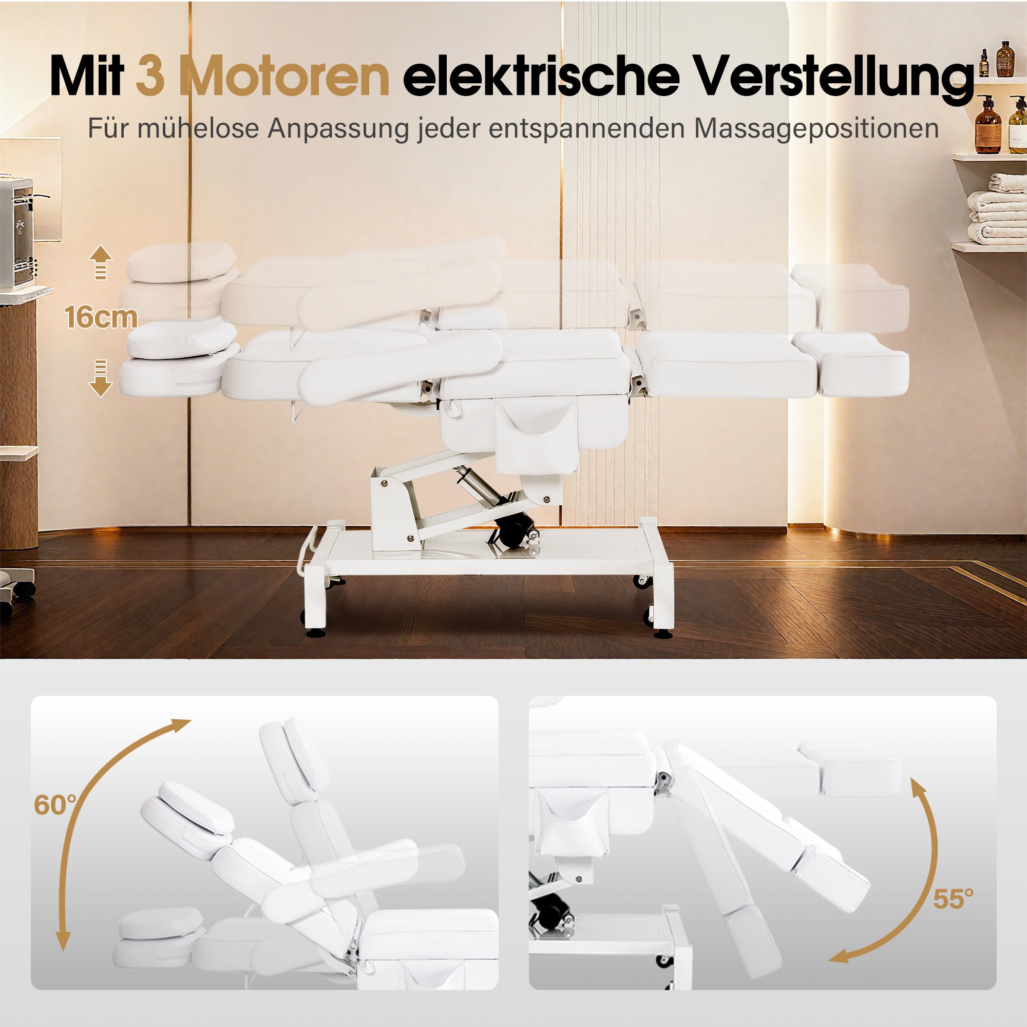 BarberPub Fauteuil Cosmétique Électrique avec 3 Moteurs & Roues, Table de Massage Pliable & Réglable en Hauteur de 16CM, Accoudoirs Rotatifs à 180°, Chaise de Tatouage pour Salon SPA 0754