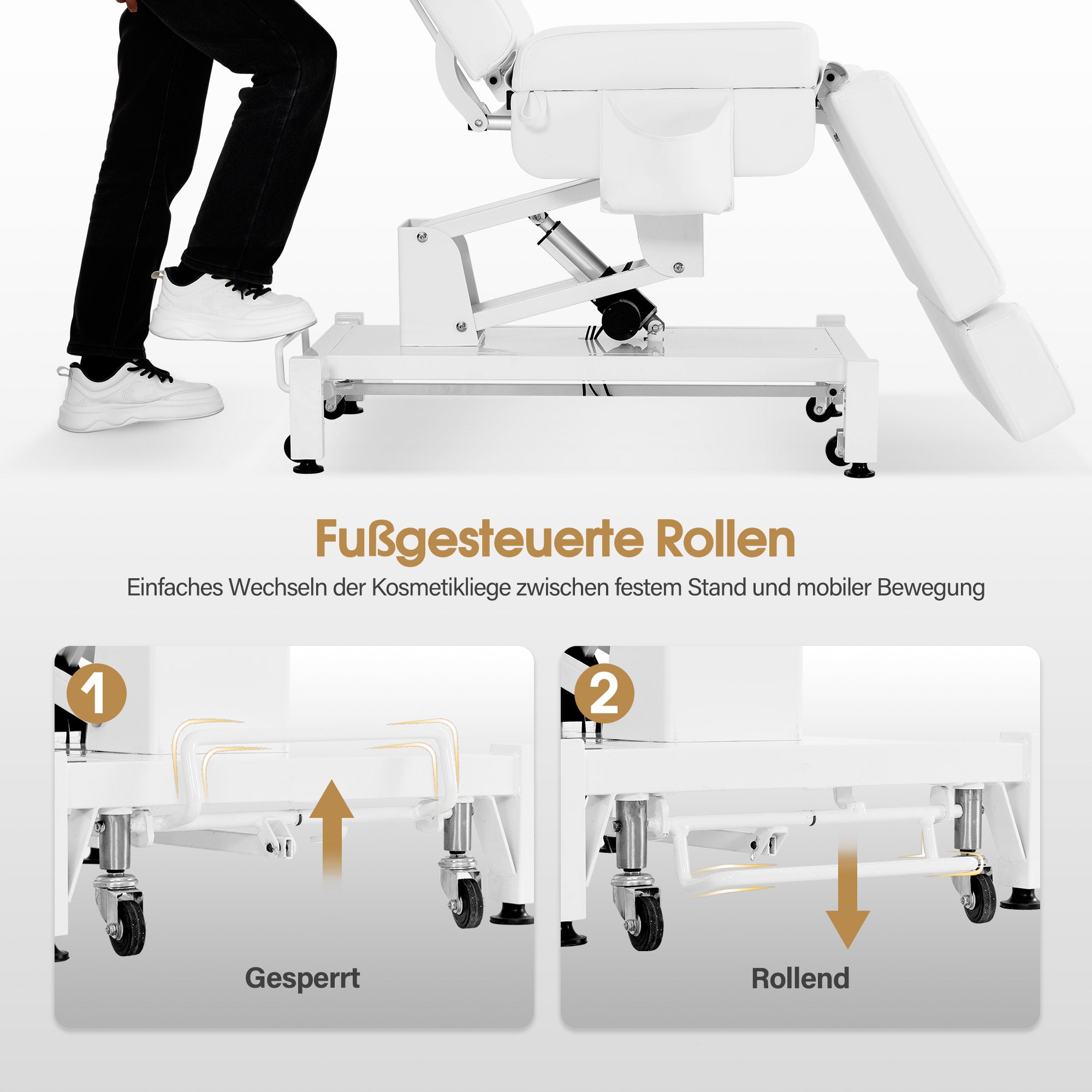 BarberPub Fauteuil Cosmétique Électrique avec 3 Moteurs & Roues, Table de Massage Pliable & Réglable en Hauteur de 16CM, Accoudoirs Rotatifs à 180°, Chaise de Tatouage pour Salon SPA 0754