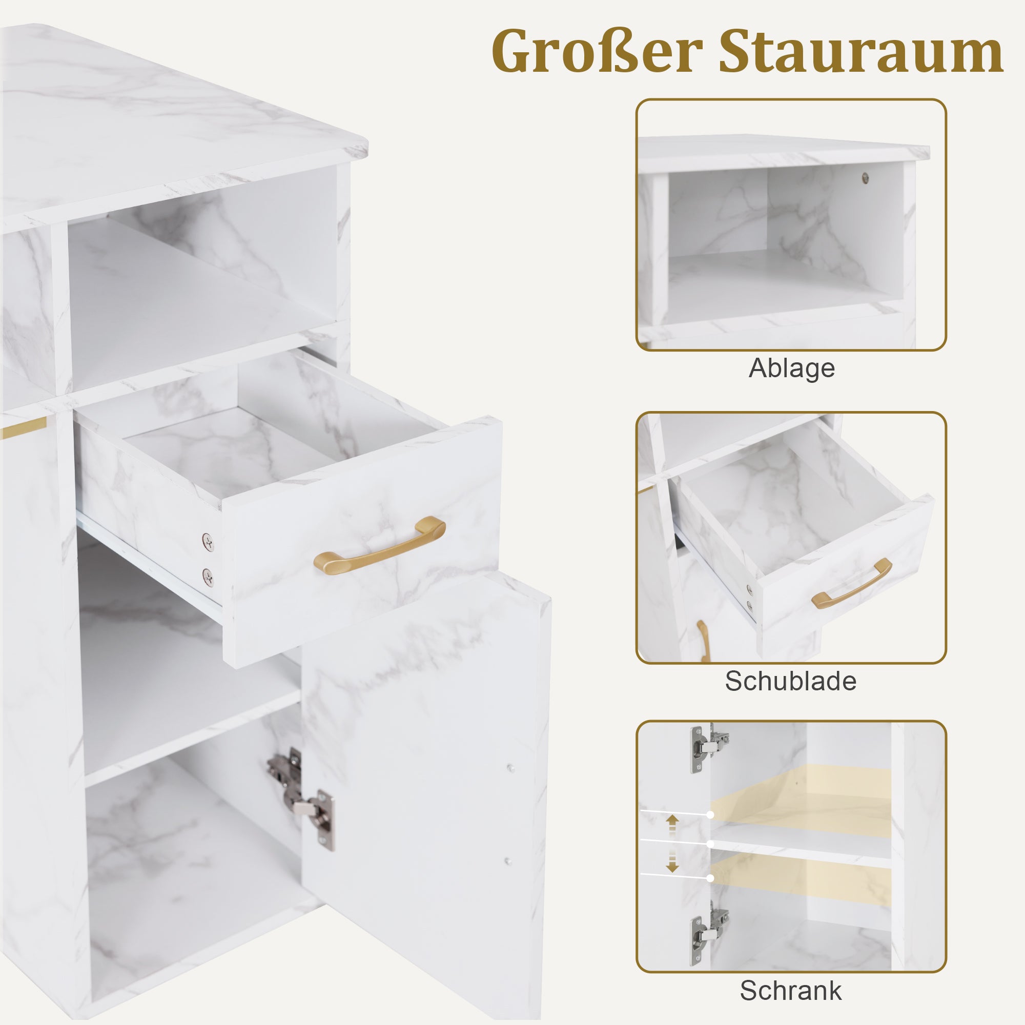 Table de manucure BarberPub avec tiroir et meuble, table à ongles avec hotte, 3 prises, 2 sacs d'aspirateur, table de salon de manucure en bois, bureau pour salon de manucure, marbre blanc doré, 50 x 110 x 82 cm, 2491