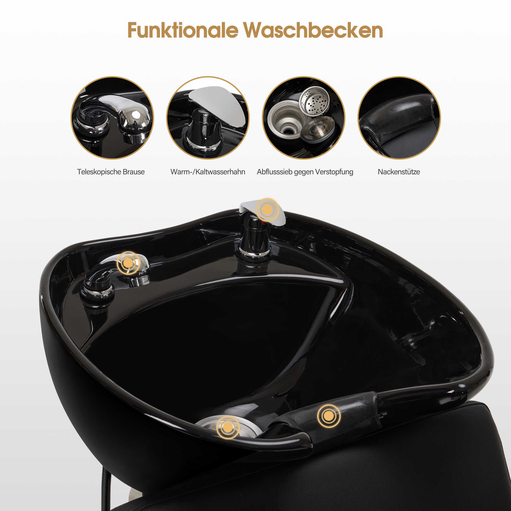 Fauteuil de barbier BarberPub avec lavabo intégré, repose-jambes pliable, lavabo en céramique réglable, poste de lavage pour salon de coiffure et spa, W8675