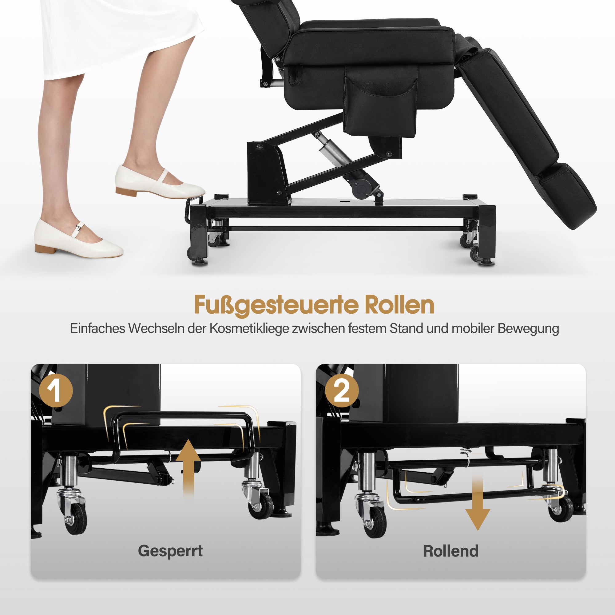 BarberPub Fauteuil Cosmétique Électrique avec 3 Moteurs & Roues, Table de Massage Pliable & Réglable en Hauteur de 16CM, Accoudoirs Rotatifs à 180°, Chaise de Tatouage pour Salon SPA 0754