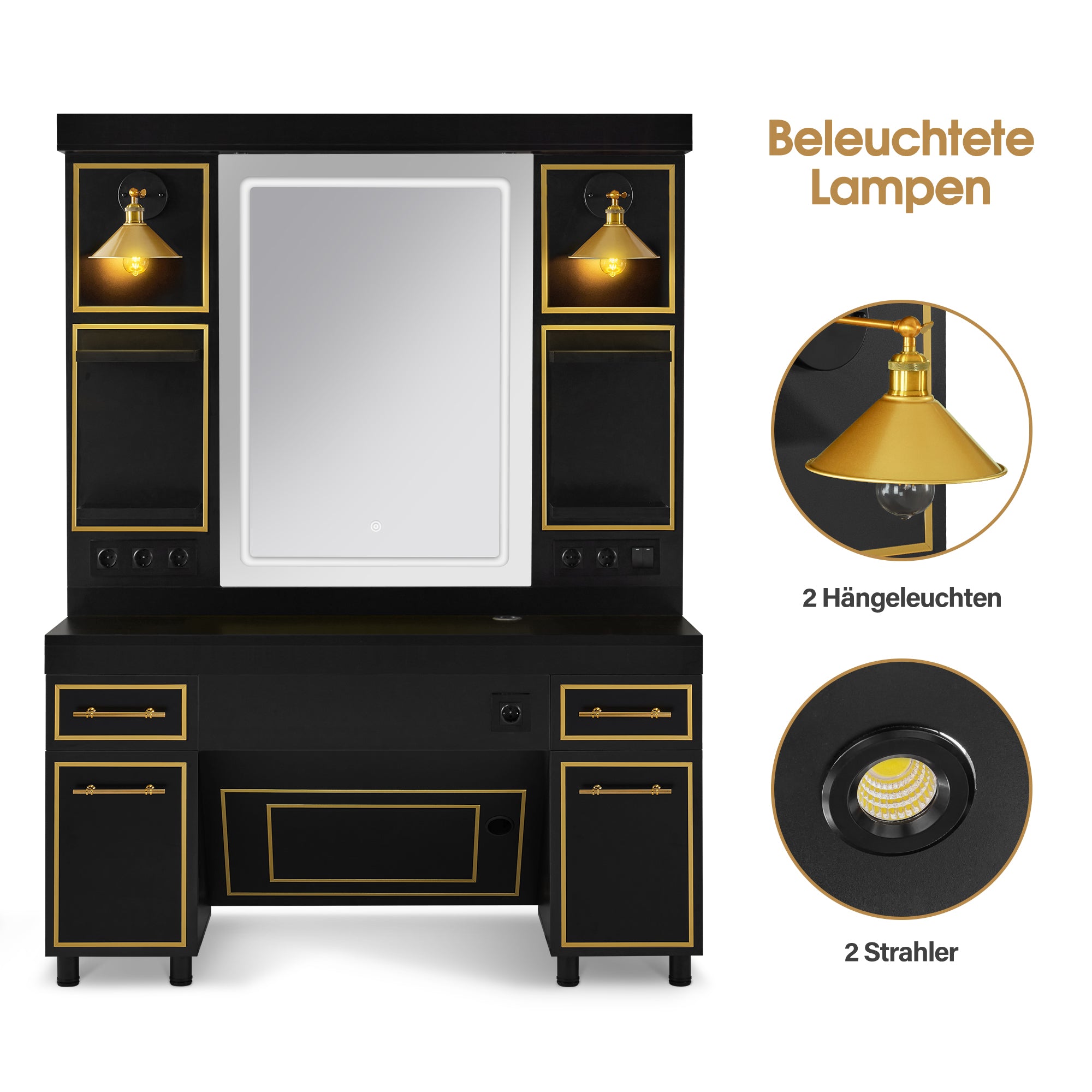 Poste de coiffure BarberPub avec 2 tiroirs, coiffeuse avec miroir, poste de travail avec 4 étagères et 2 armoires, armoire en bois avec miroir, table miroir avec éclairage, 3161 (Noir-Or)