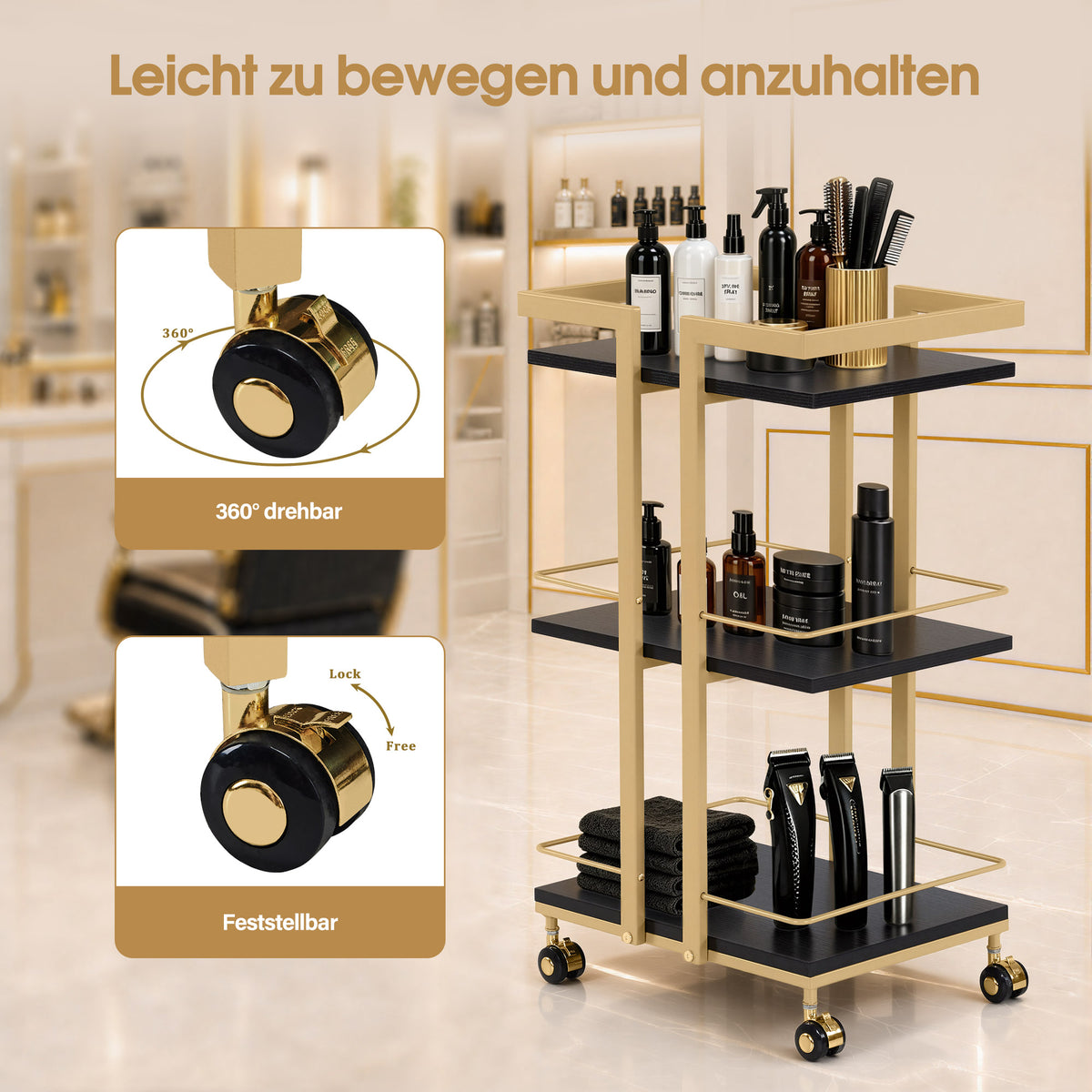 Barberpub Serving Cart with Wheels, Kitchen Trolley Bar Cart Metal Frame, Modern Rolling Cart Multi-Purpose Cart with 3 Levels, for Kitchen Bathroom Living Room Office, 48*43*76cm, 0033