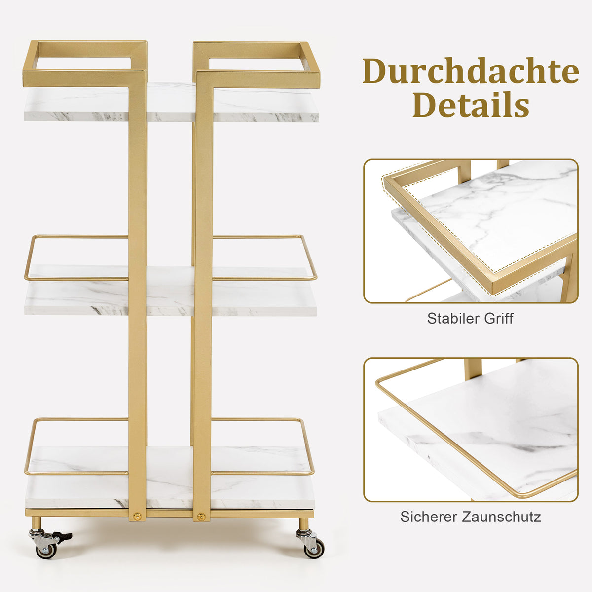 Barberpub Serving Cart with Wheels, Kitchen Trolley Bar Cart Metal Frame, Modern Rolling Cart Multi-Purpose Cart with 3 Levels, for Kitchen Bathroom Living Room Office, 48*43*76cm, 0033