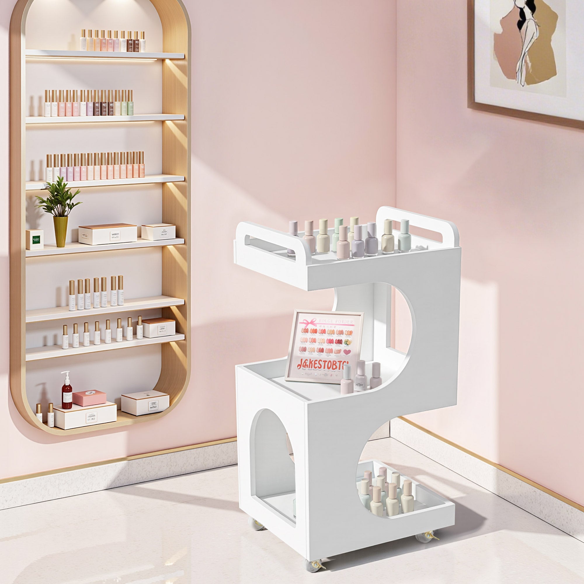Chariot de service BarberPub à roulettes, chariot de coiffure blanc, chariot de salle de bain, chariot de cuisine, chariot de salon avec 3 étagères, chariot moderne et multifonctionnel pour salon de beauté, salle de bain, salon, 44,5 x 40 x 87 cm, 0045