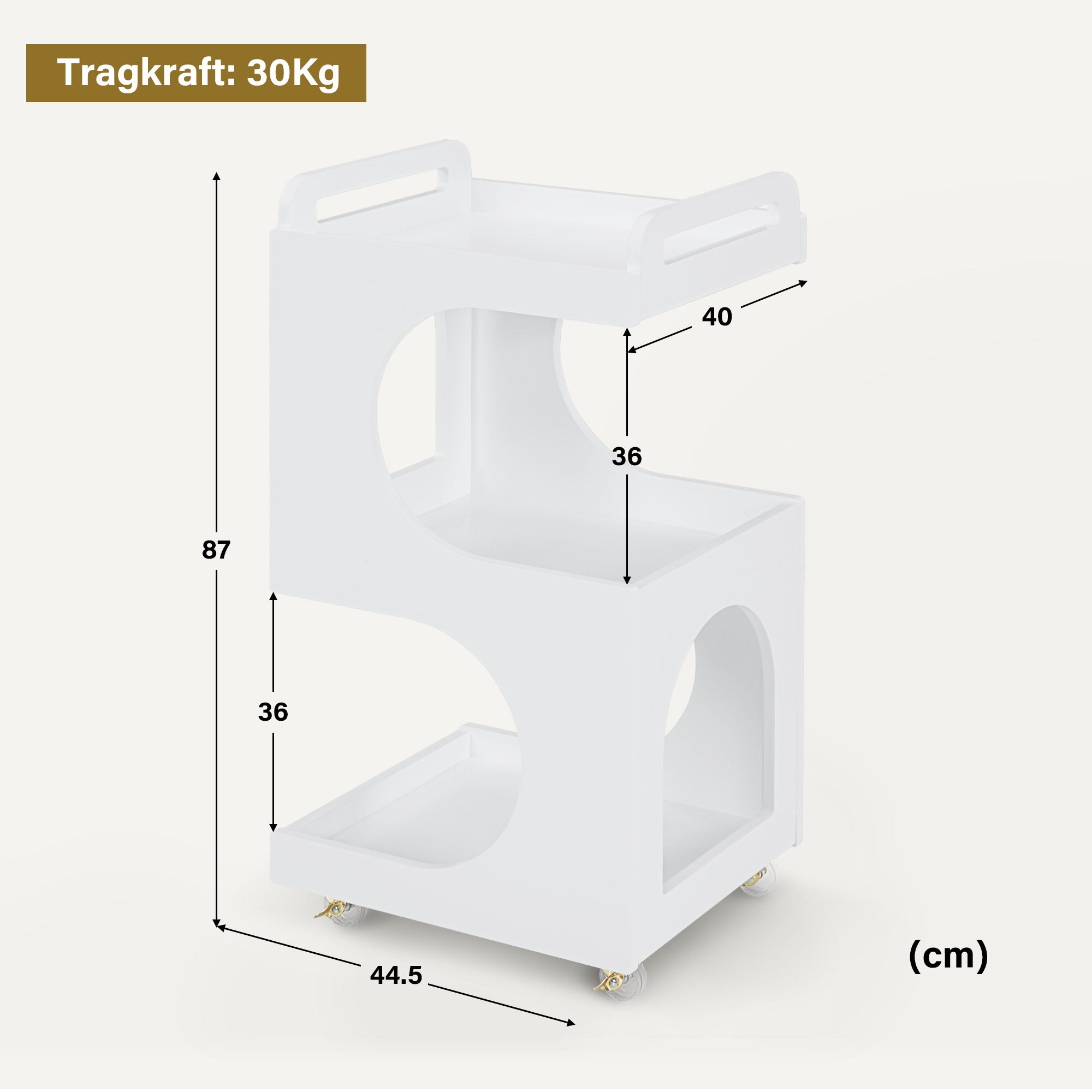 Chariot de service BarberPub à roulettes, chariot de coiffure blanc, chariot de salle de bain, chariot de cuisine, chariot de salon avec 3 étagères, chariot moderne et multifonctionnel pour salon de beauté, salle de bain, salon, 44,5 x 40 x 87 cm, 0045