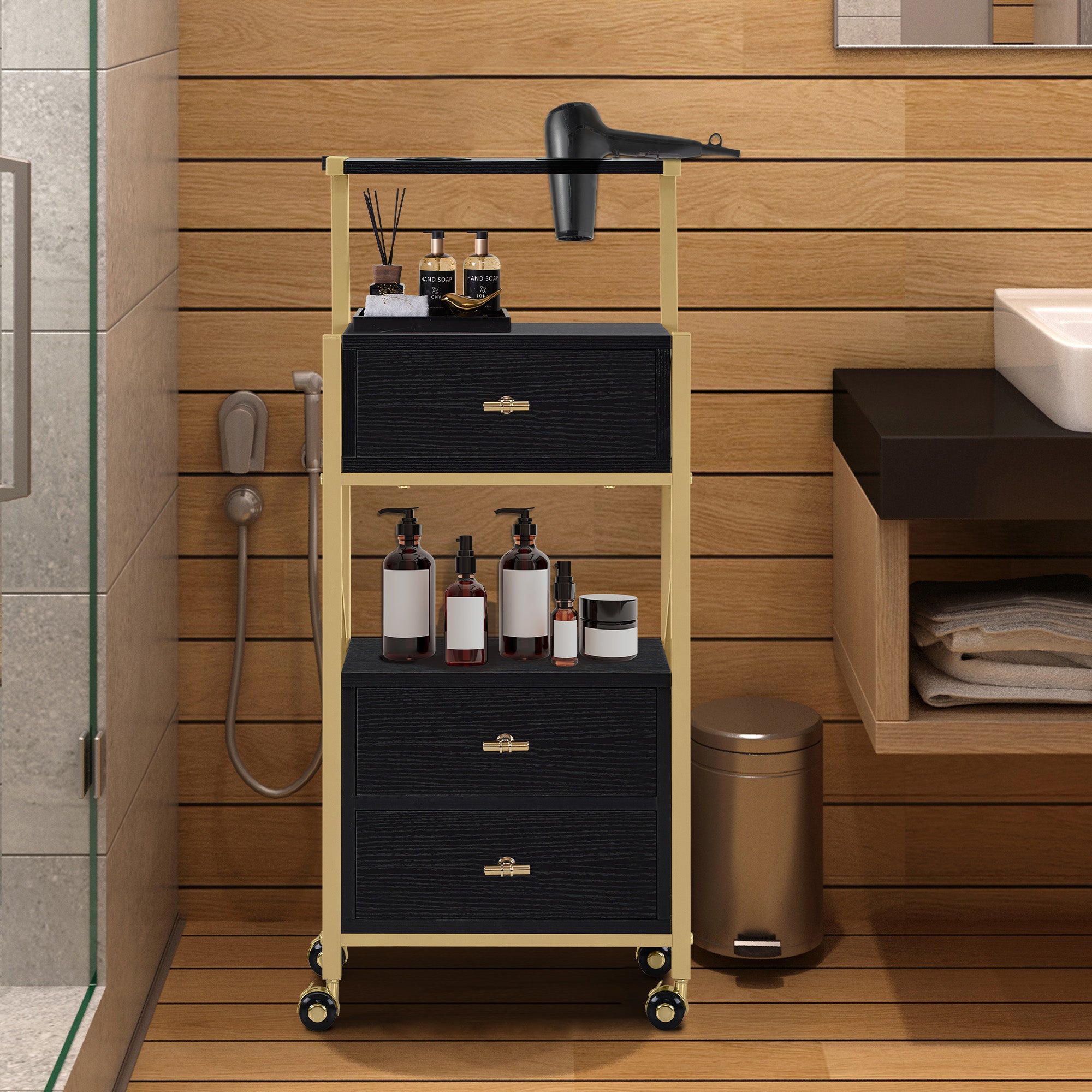 Desserte de barbier à roulettes avec 3 tiroirs, desserte de service roulante blanc-doré, desserte de salon avec 2 étagères et 2 supports pour sèche-cheveux, desserte de travail moderne pour salle de bain et salon, 30 x 40 x 97 cm, 0048