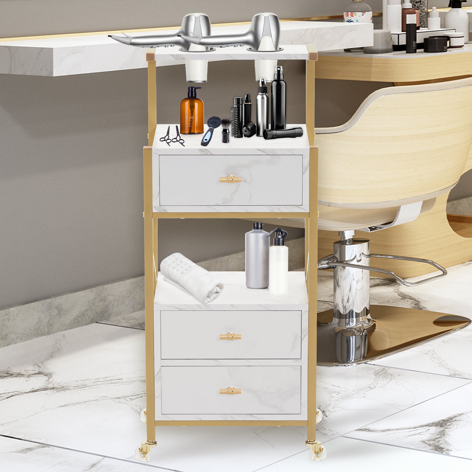 Desserte de barbier à roulettes avec 3 tiroirs, desserte de service roulante blanc-doré, desserte de salon avec 2 étagères et 2 supports pour sèche-cheveux, desserte de travail moderne pour salle de bain et salon, 30 x 40 x 97 cm, 0048