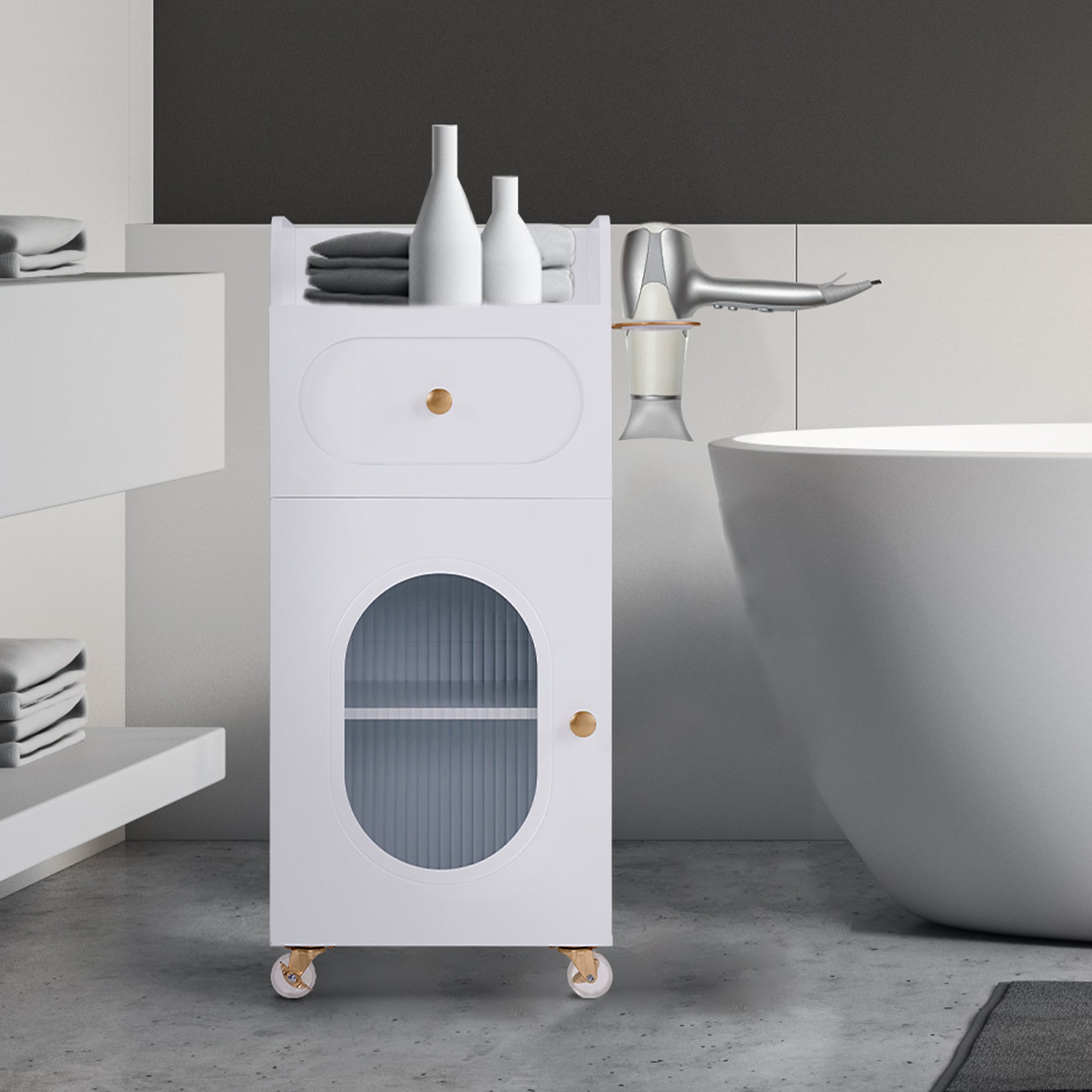 Chariot de coiffure Barberpub avec roulettes et tiroirs, chariot de service roulant blanc, chariot de salon avec 3 étagères et support pour sèche-cheveux, chariot de travail moderne pour salle de bain, salon, 31,4 x 37 x 85,5 cm, 0051