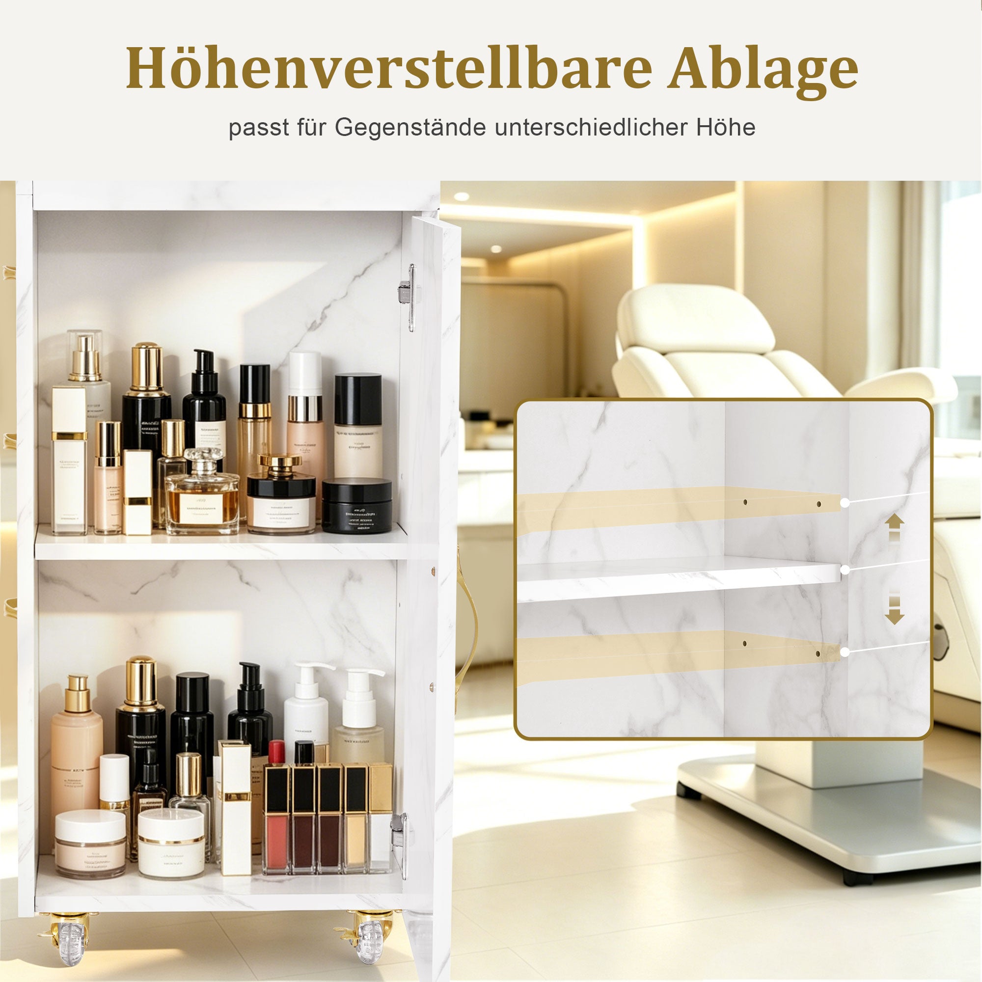 BarberPub Friseurwagen mit 3 Schubladen & 2 Schränken, Beauty Salon Trolley mit 3 Föhnhaltern, Rollwagen Servierwagen für Schönheitssalon, Friseur Arbeitswagen, 39x58x90cm, 0065 (Weiß-Gold)