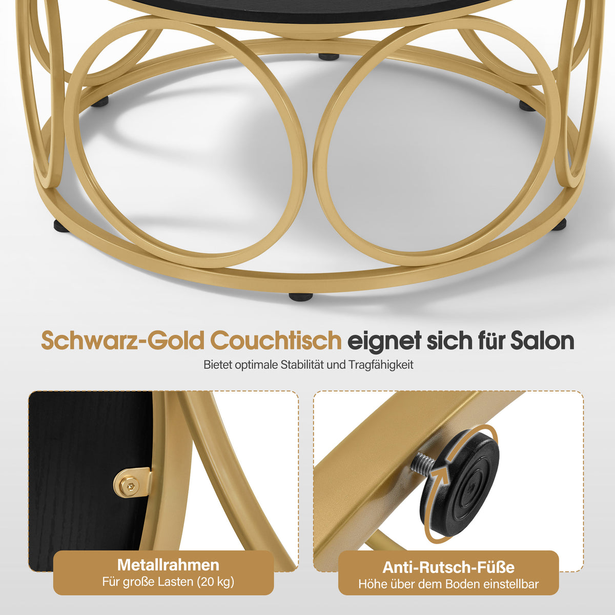BarberPub Couchtisch Rund Holz, Moderner Sofatisch, Kleiner Beistelltisch Metall, Kaffeetisch für Wohnzimmer, Schönheitssalon, Wohnzimmertisch Holzmaserung, 80x80x42cm, 2102