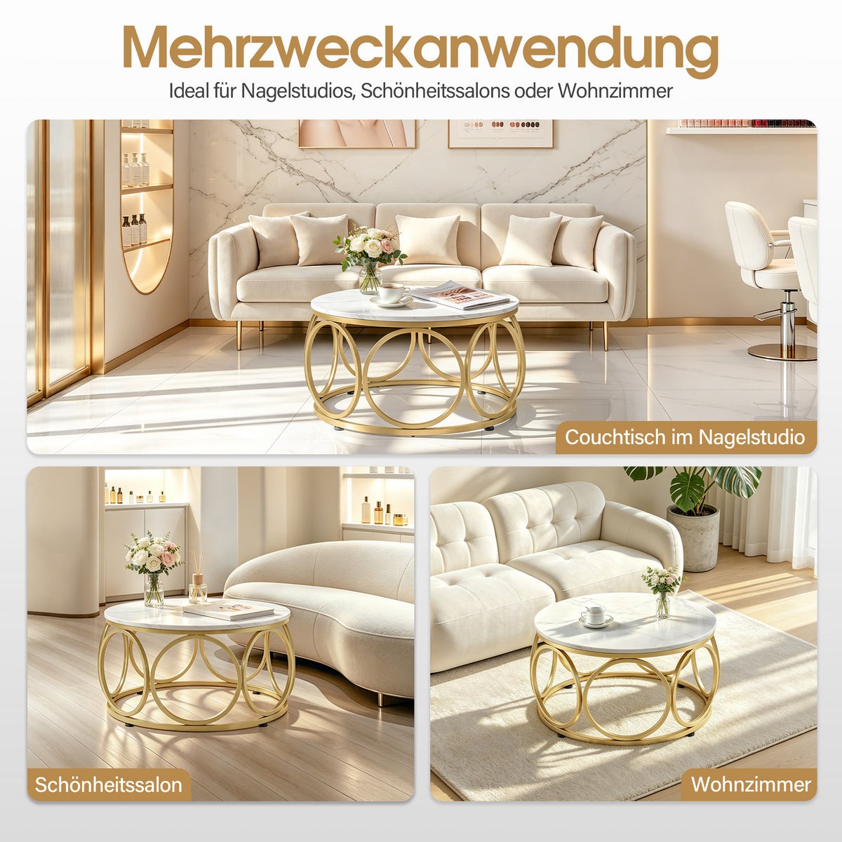BarberPub Couchtisch Rund Holz, Moderner Sofatisch, Kleiner Beistelltisch Metall, Kaffeetisch für Wohnzimmer, Schönheitssalon, Wohnzimmertisch Holzmaserung, 80x80x42cm, 2102