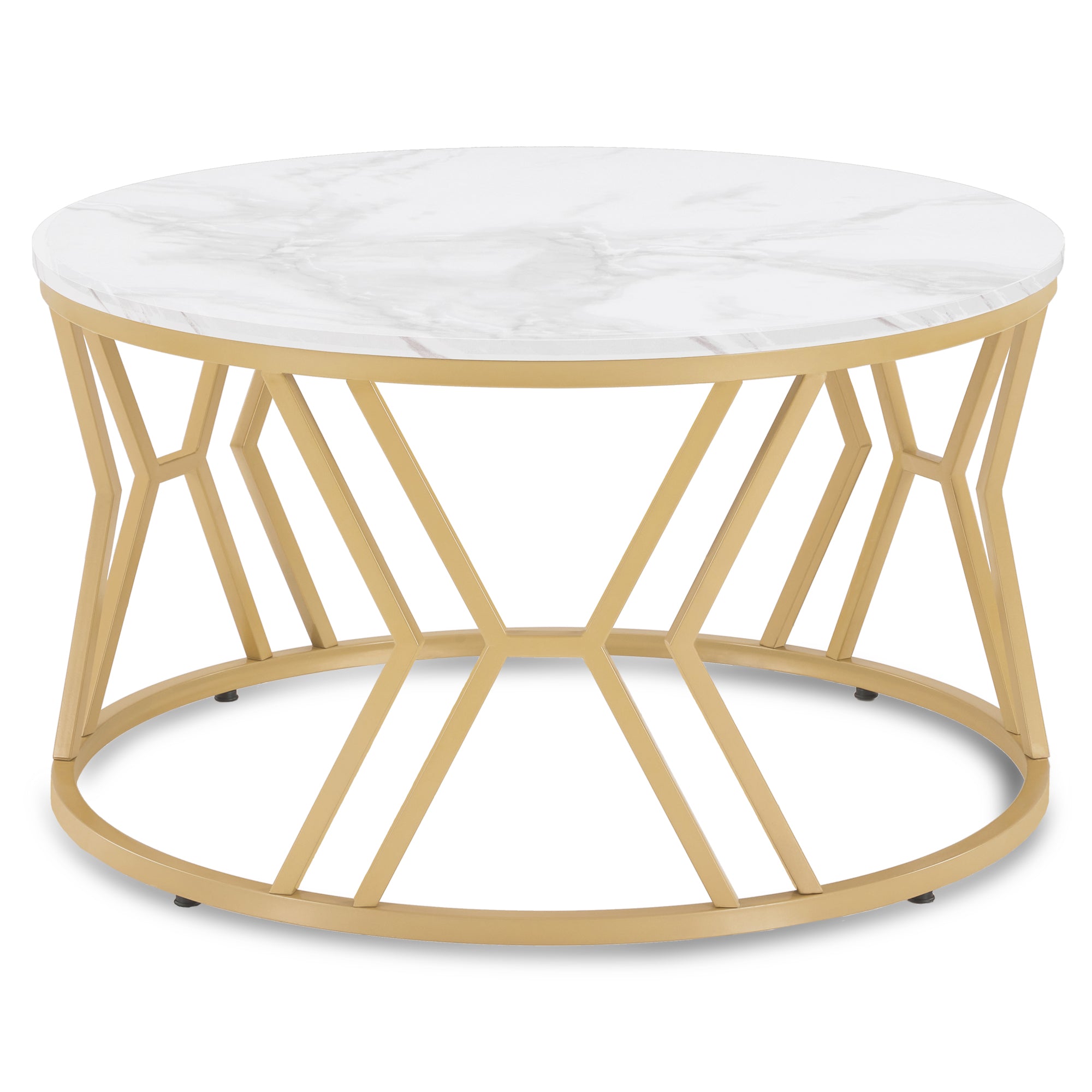 BarberPub Round Wooden Coffee Table, Modern Sofa Table, Small Metal Side Table, Coffee Table for Living Room, Beauty Salon, Living Room Table Marble-White Gold, 80x80x46cm, 2115