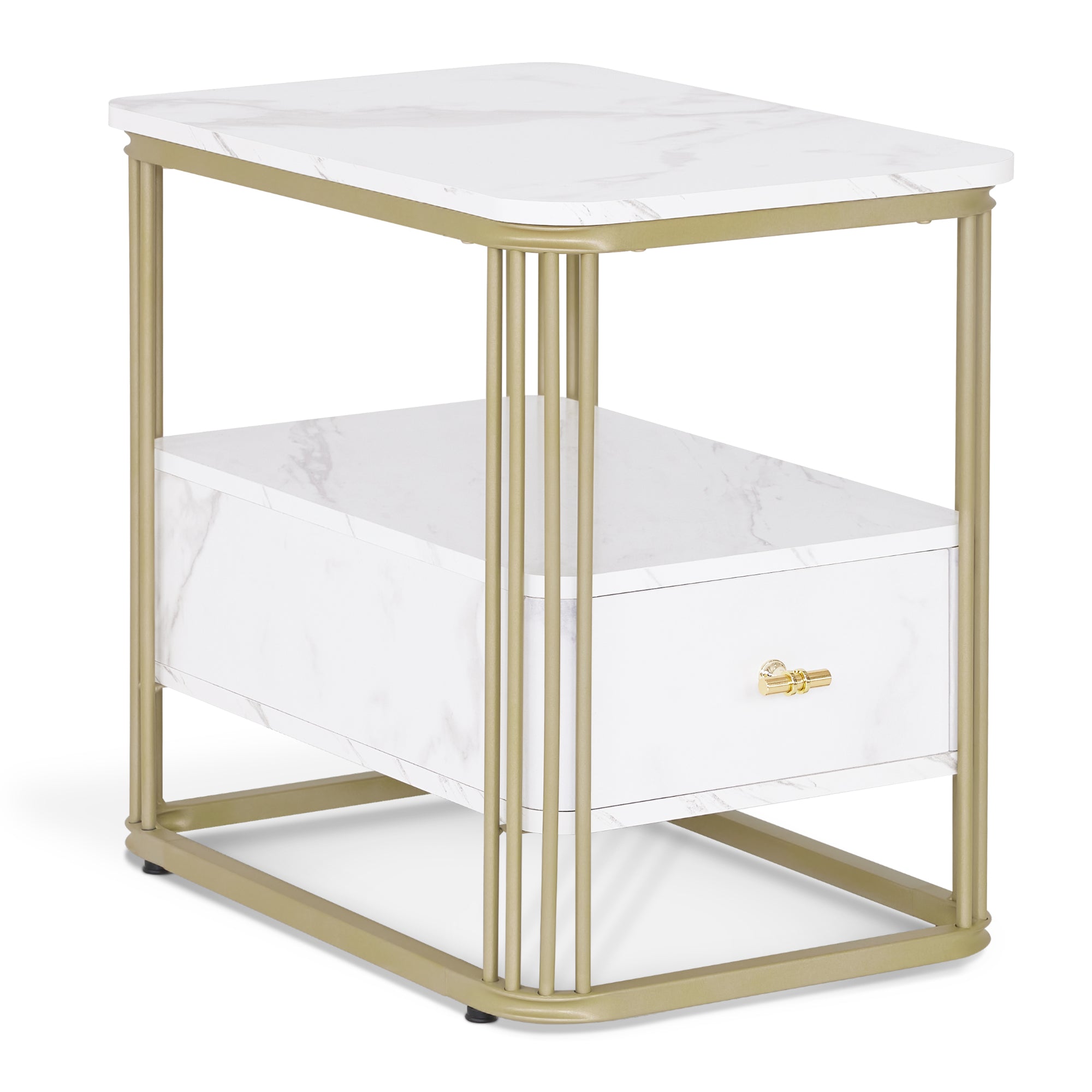 BarberPub Side Table with Drawer, Sofa Table with 2 Shelves, Modern Coffee Table Marble White Gold, Metal Frame, Coffee Table for Bedroom, Living Room, Beauty Salon, 60x40x55, 2138