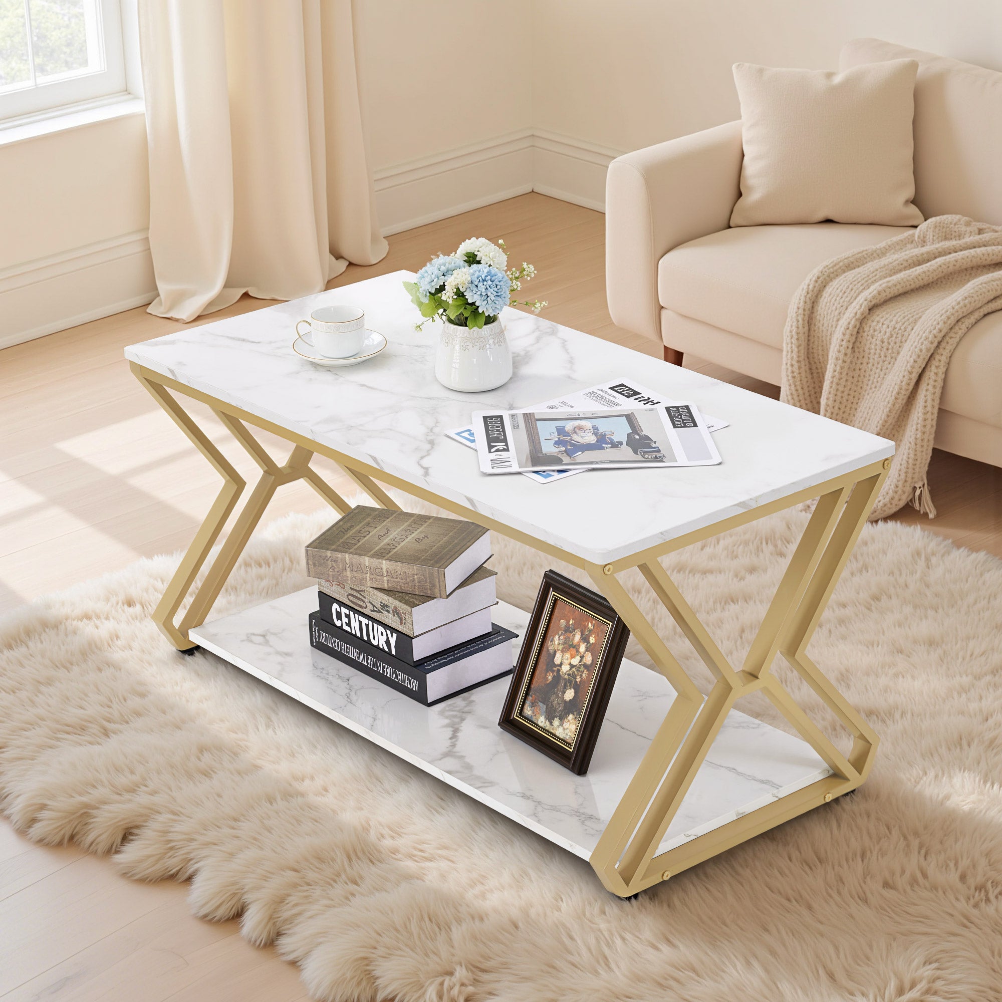 Table basse dorée BarberPub, table d'appoint avec 2 étagères, table de salon en bois, table de salon moderne en métal, table basse pour salon, salon de beauté, marbre blanc, 50 x 100 x 48 cm, 2196