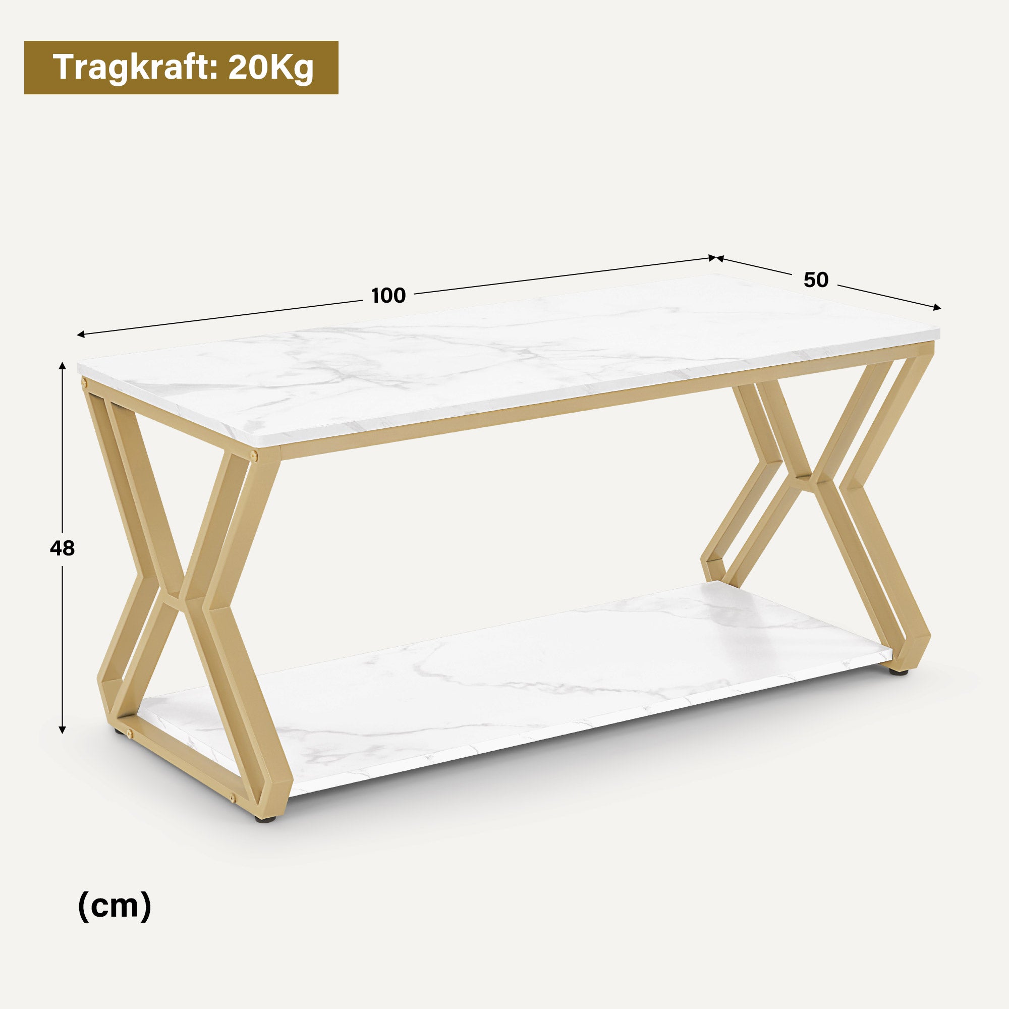 Table basse dorée BarberPub, table d'appoint avec 2 étagères, table de salon en bois, table de salon moderne en métal, table basse pour salon, salon de beauté, marbre blanc, 50 x 100 x 48 cm, 2196