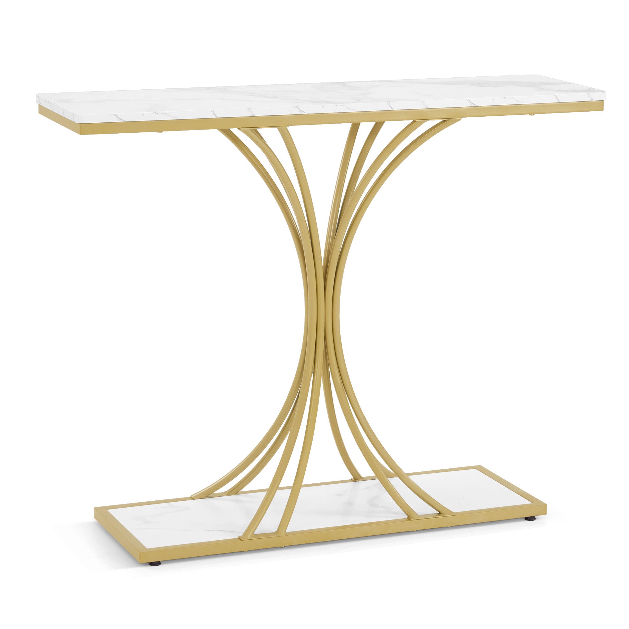 BarberPub Narrow Console Table, Entryway Table with Wooden Metal Frame, Hallway Table with 2 Levels, Modern Side Table for Hallway, Living Room, Anteroom, Entrance, Foyer, Marble-White Gold, 30 x 100 x 80.5 cm, 2226