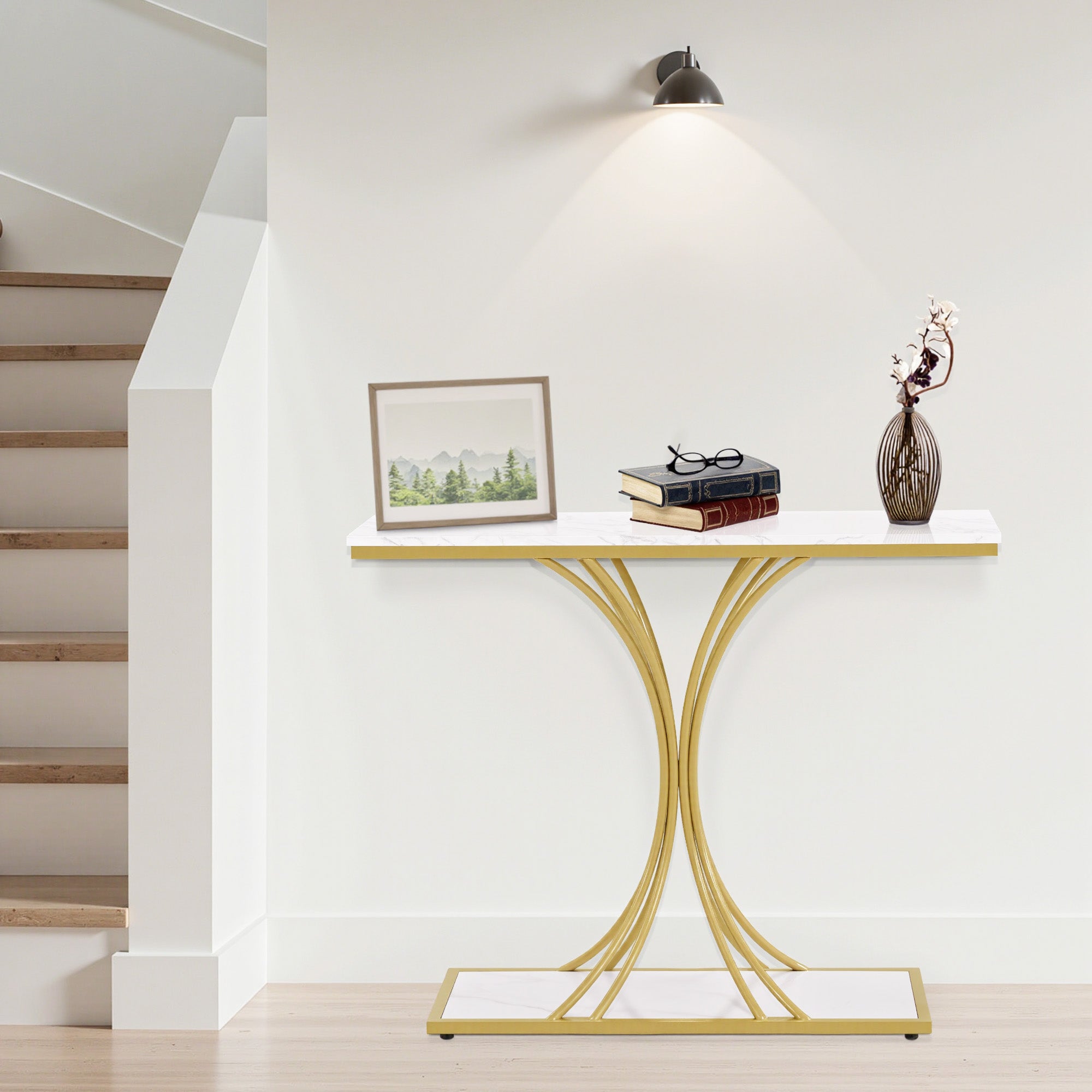 BarberPub Narrow Console Table, Entryway Table with Wooden Metal Frame, Hallway Table with 2 Levels, Modern Side Table for Hallway, Living Room, Anteroom, Entrance, Foyer, Marble-White Gold, 30 x 100 x 80.5 cm, 2226