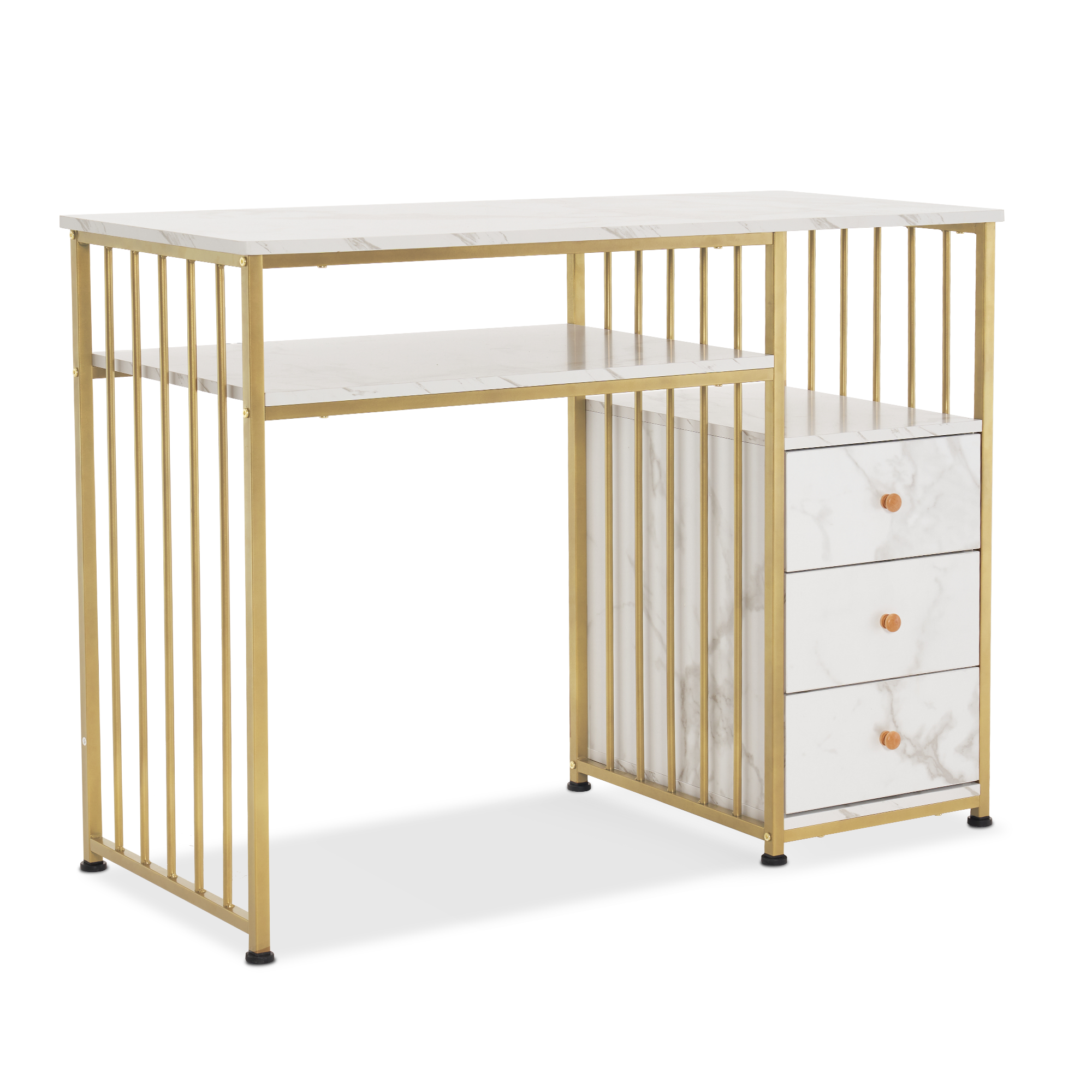 Bureau de barbier avec tiroirs, coiffeuse sans miroir, table à ongles en bois avec cadre en métal, table d'ordinateur pour le salon, moderne, 109 x 45,5 x 81 cm, 2407