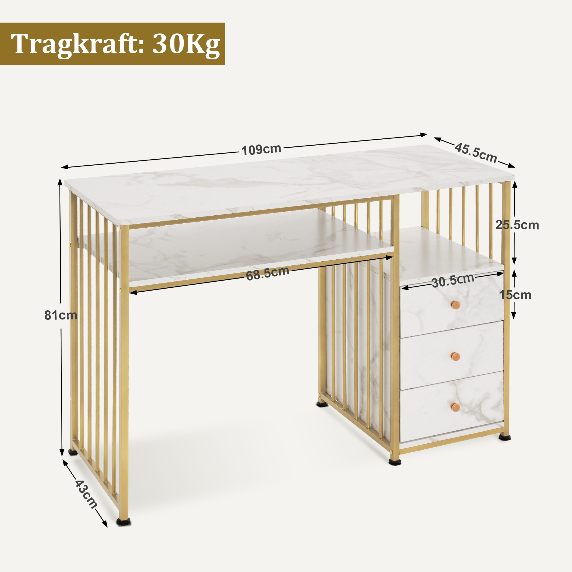 Bureau de barbier avec tiroirs, coiffeuse sans miroir, table à ongles en bois avec cadre en métal, table d'ordinateur pour le salon, moderne, 109 x 45,5 x 81 cm, 2407