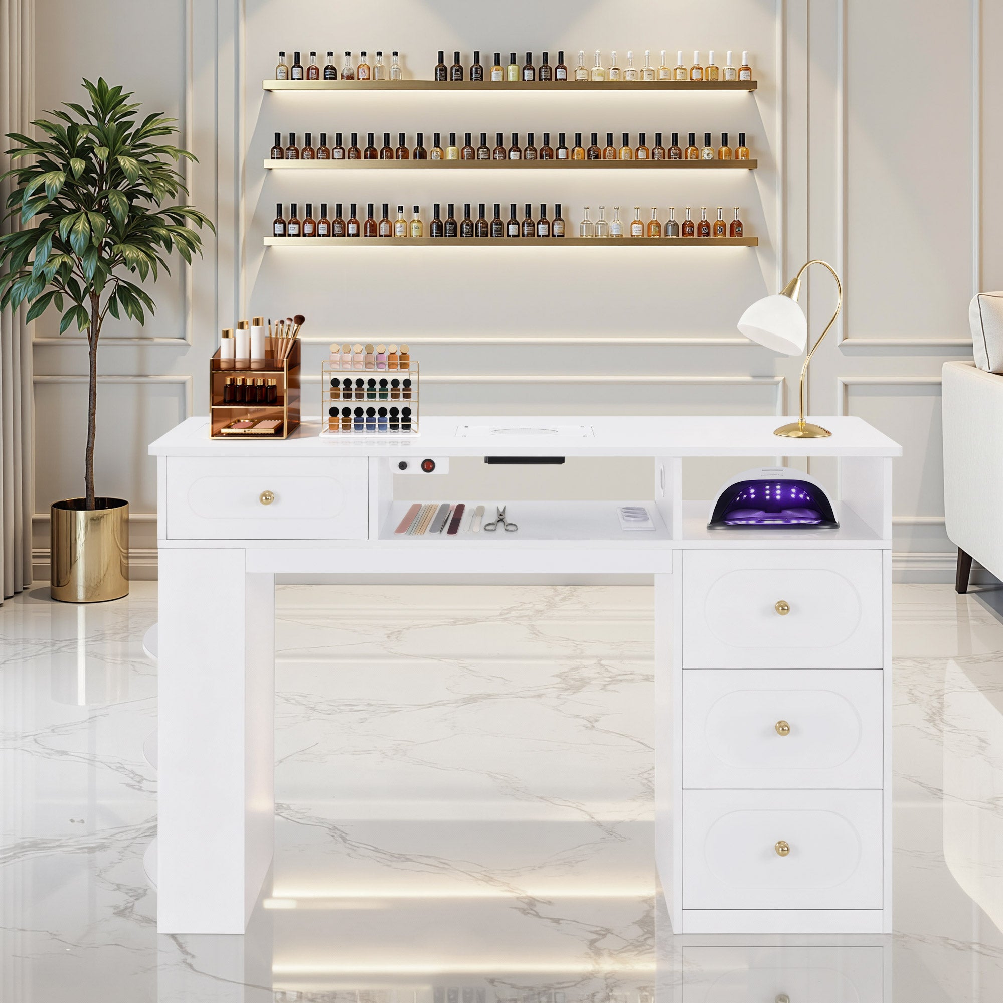 BarberPub Manikürtisch mit 4 Schubladen, Regal, 2 Ablagen & Glasplatte, Nageltisch mit Absaugung & 2 Staubsaugerbeuteln, Nagelfrisiertisch Holz, Schreibtisch für Nagelstudio Weiß, 55x120x80cm, 2442