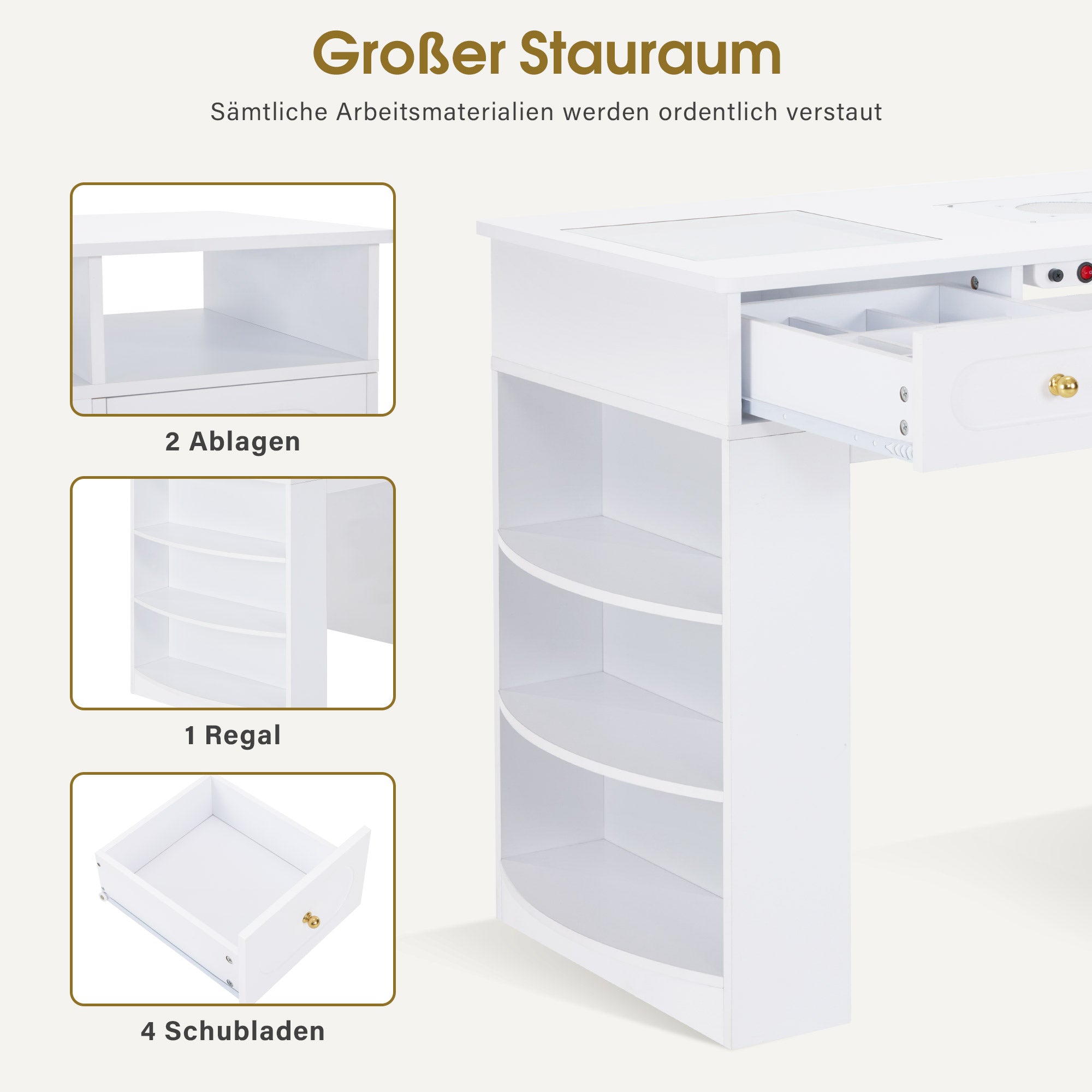 BarberPub Manikürtisch mit 4 Schubladen, Regal, 2 Ablagen & Glasplatte, Nageltisch mit Absaugung & 2 Staubsaugerbeuteln, Nagelfrisiertisch Holz, Schreibtisch für Nagelstudio Weiß, 55x120x80cm, 2442