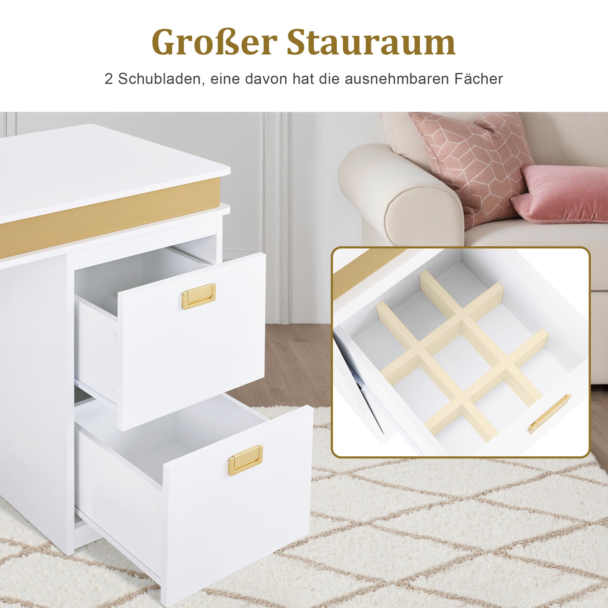 BarberPub Desk with Drawers for Nail Salon, Manicure Table with 3 Outlets, Dressing Table without Mirror White-Gold, Wooden Nail Table with Metal Frame, Nail Salon Table, 50x110x80.5cm, 2484