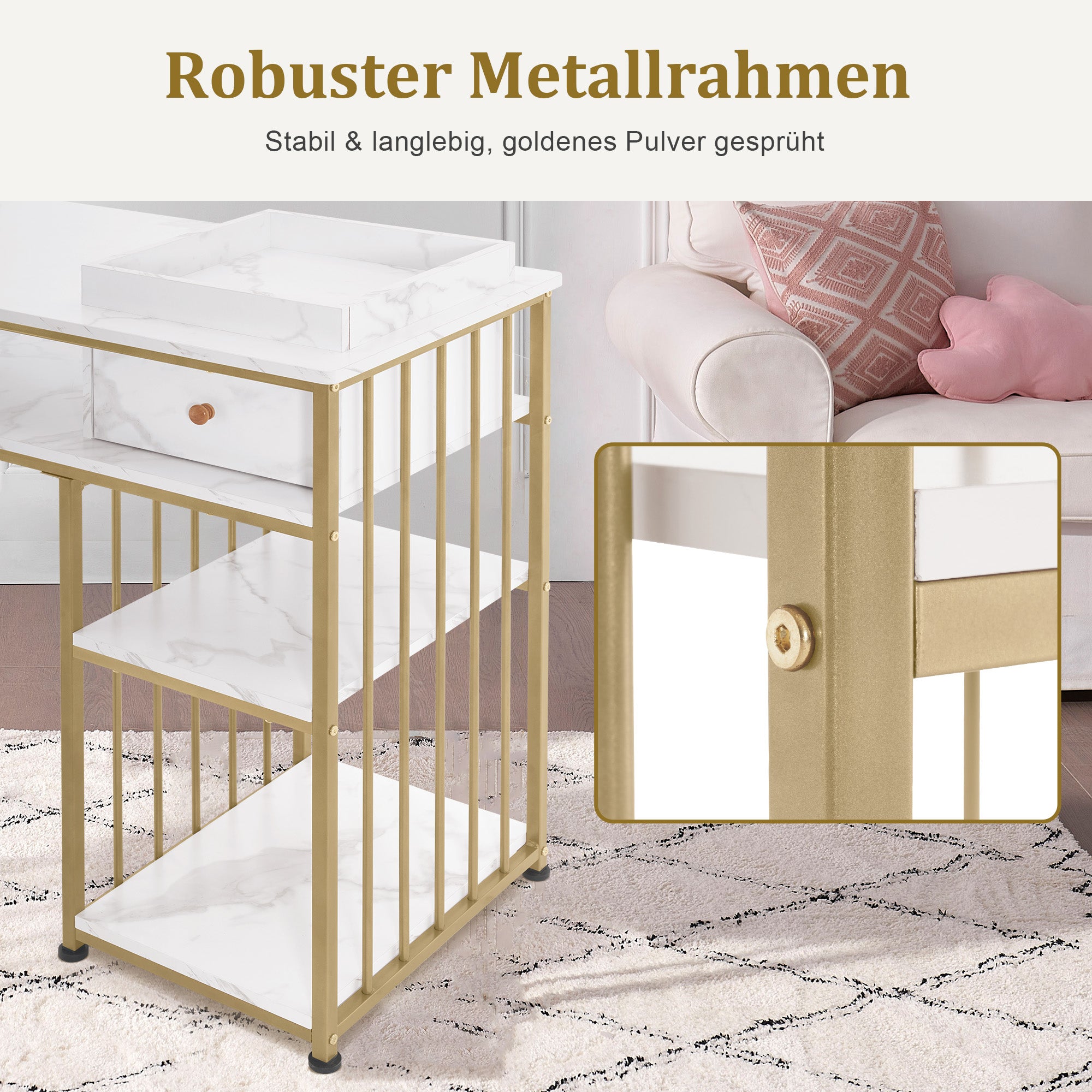 BarberPub Schminktisch mit Schubladen, Nageltisch mit Regal, Manikürtisch aus Holz Metallgestell, Schminktisch ohne Spiegel Wohnzimmer Modern, Marmor-Weiß Gold, 45 x 110 x 80.5cm, 2498