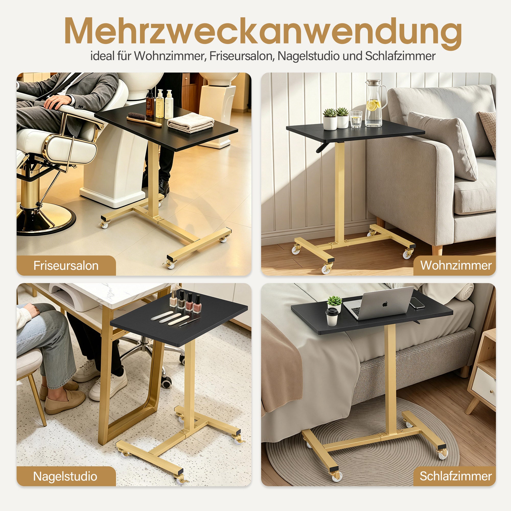BarberPub Beistelltisch mit Rollen, Pflegetisch Höhenverstellbar, Salon-Tablettwagen Gold, Betttisch C Form, Friseurwagen für Friseursalons, Nagelstudio & Wohnzimmer, 2832