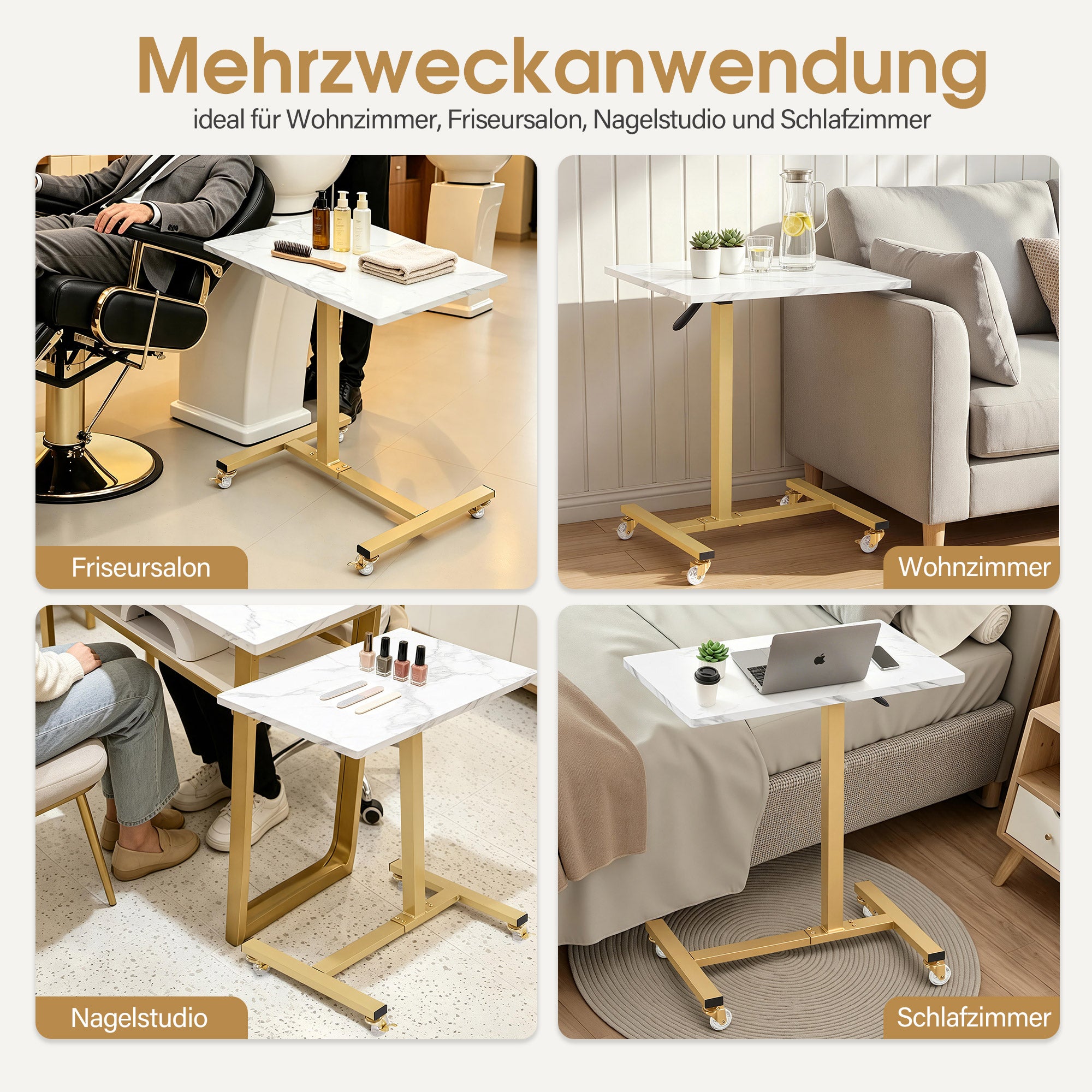 BarberPub Beistelltisch mit Rollen, Pflegetisch Höhenverstellbar, Salon-Tablettwagen Gold, Betttisch C Form, Friseurwagen für Friseursalons, Nagelstudio & Wohnzimmer, 2832
