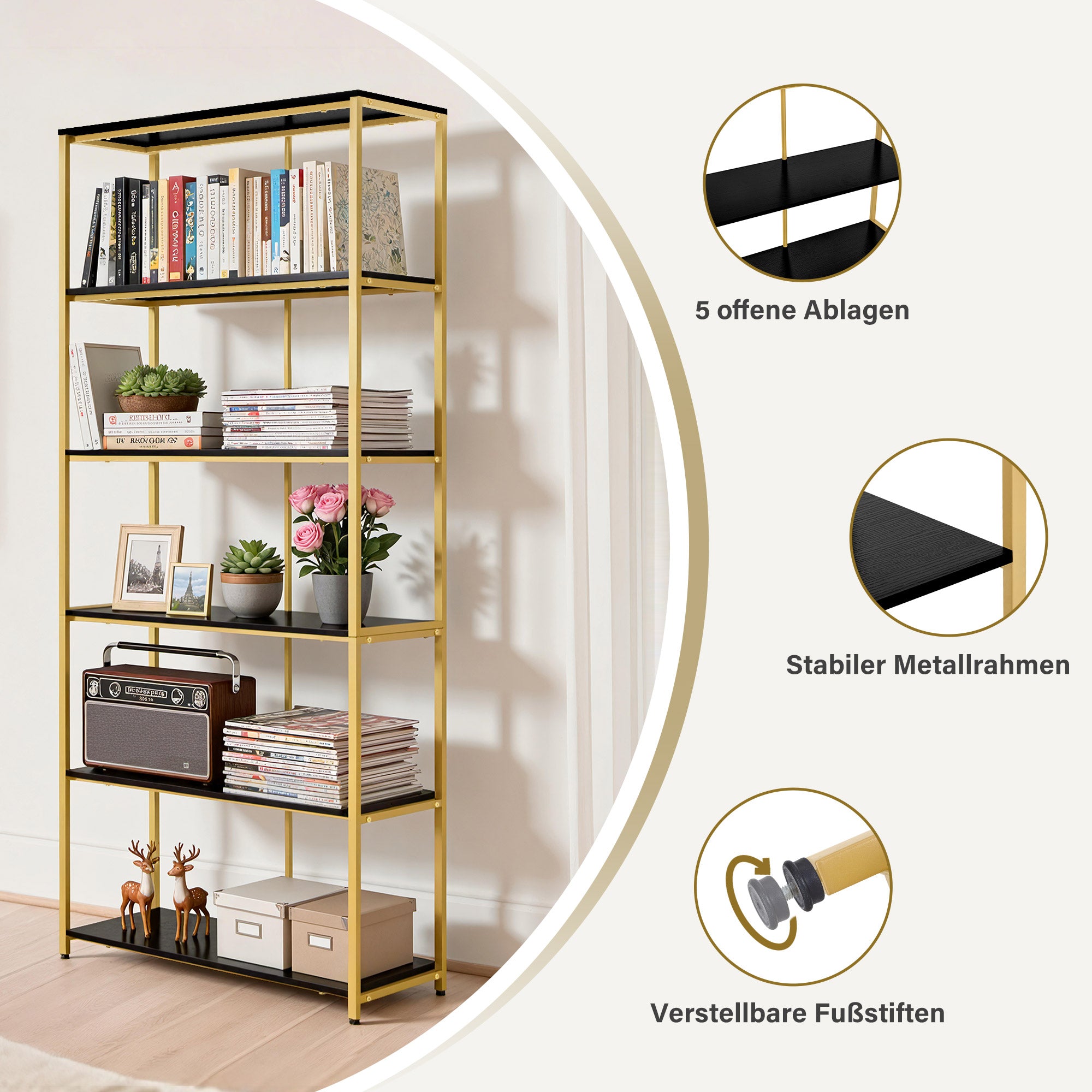 BarberPub Étagère Dorée, Étagère sur Pieds à 5 Niveaux, Étagère de Bureau avec Cadre Métallique, Étagère pour Bureau, Salon, Chambre, Cuisine, Salon de Manucure, 30x80x180cm, 5166