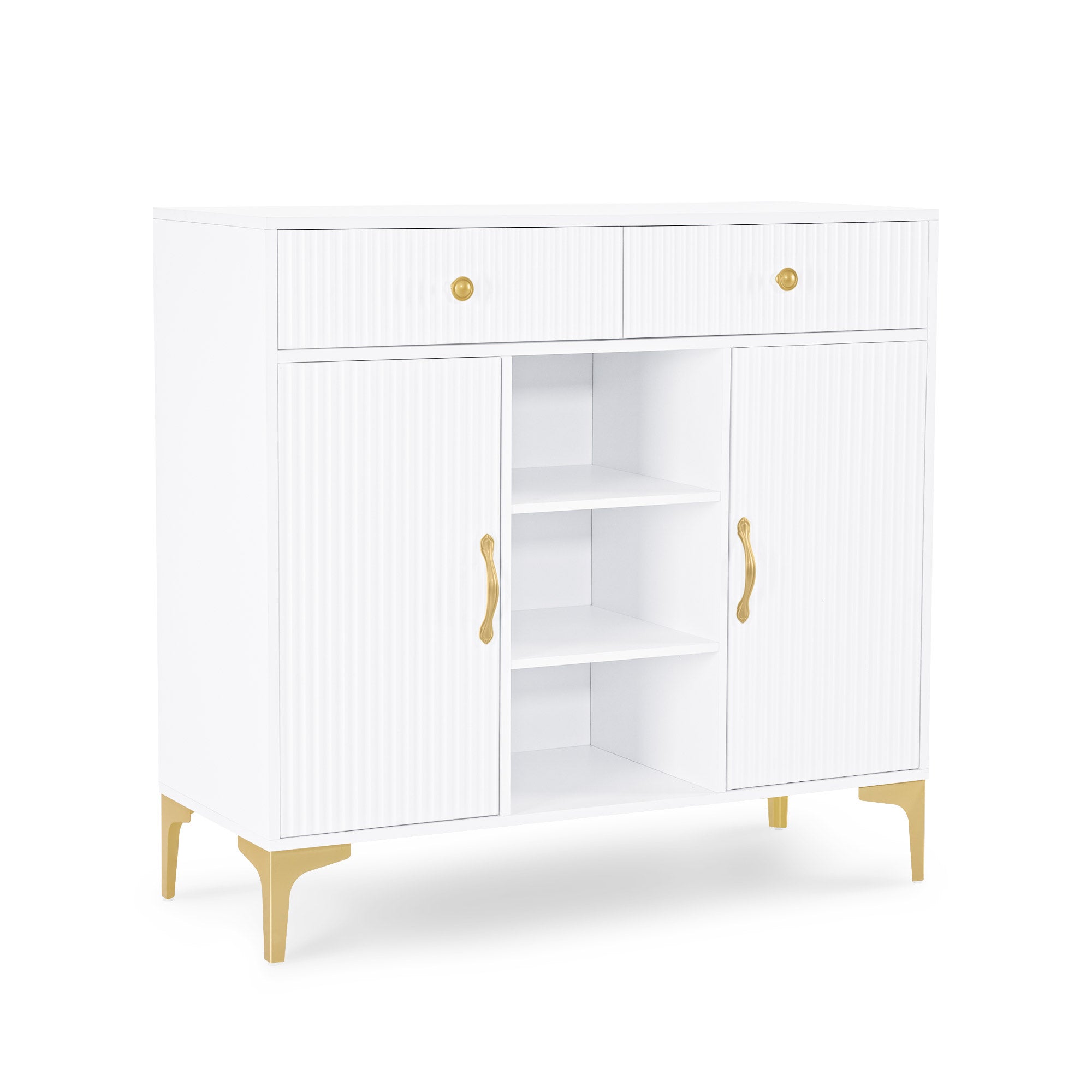 Buffet BarberPub à 2 tiroirs, meuble de salle de bain avec 3 compartiments ouverts et 2 étagères réglables, meuble de cuisine, commode blanche, meuble d'appoint pour salon de manucure, meuble de salle de bain, 40 x 100 x 95 cm, 6647