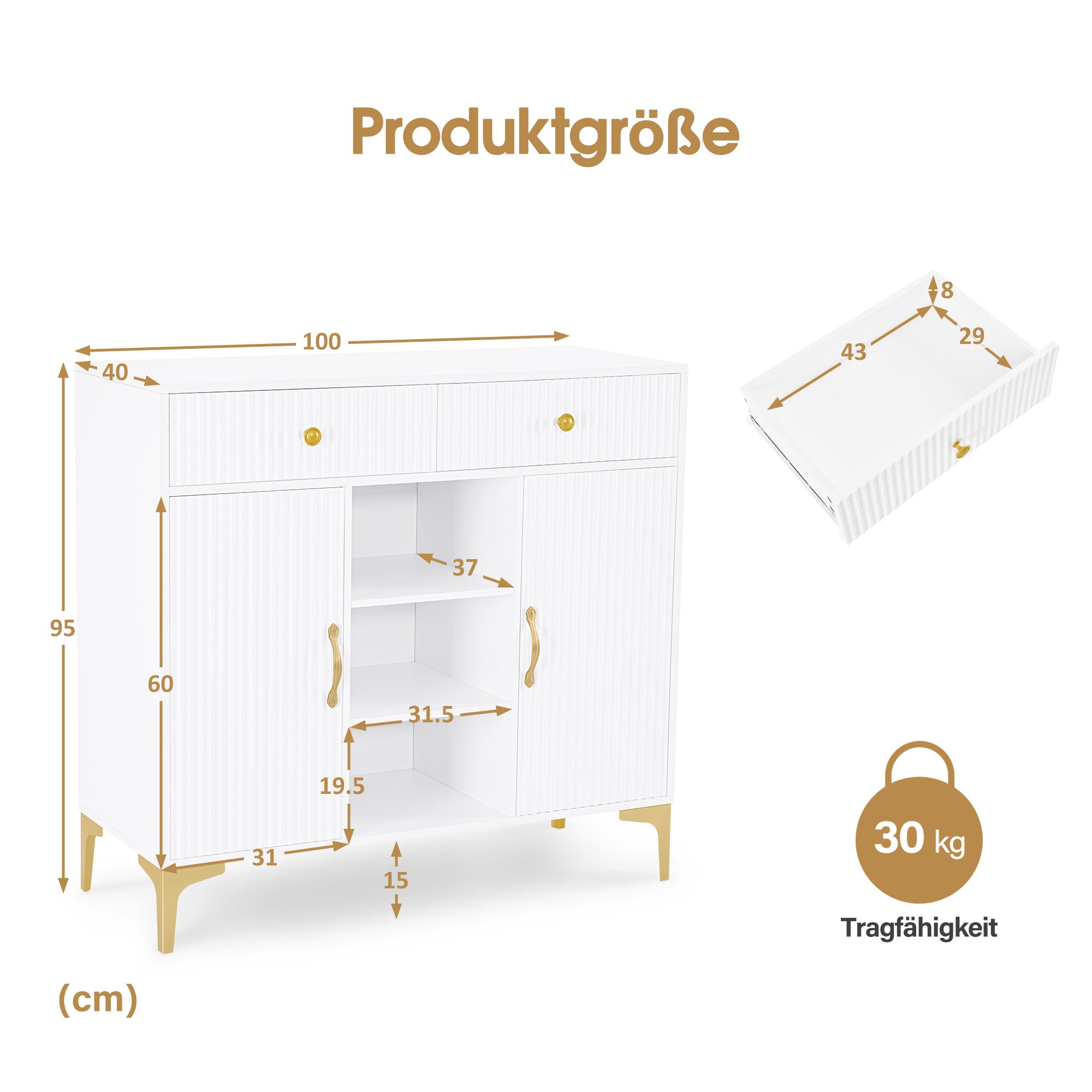 Buffet BarberPub à 2 tiroirs, meuble de salle de bain avec 3 compartiments ouverts et 2 étagères réglables, meuble de cuisine, commode blanche, meuble d'appoint pour salon de manucure, meuble de salle de bain, 40 x 100 x 95 cm, 6647