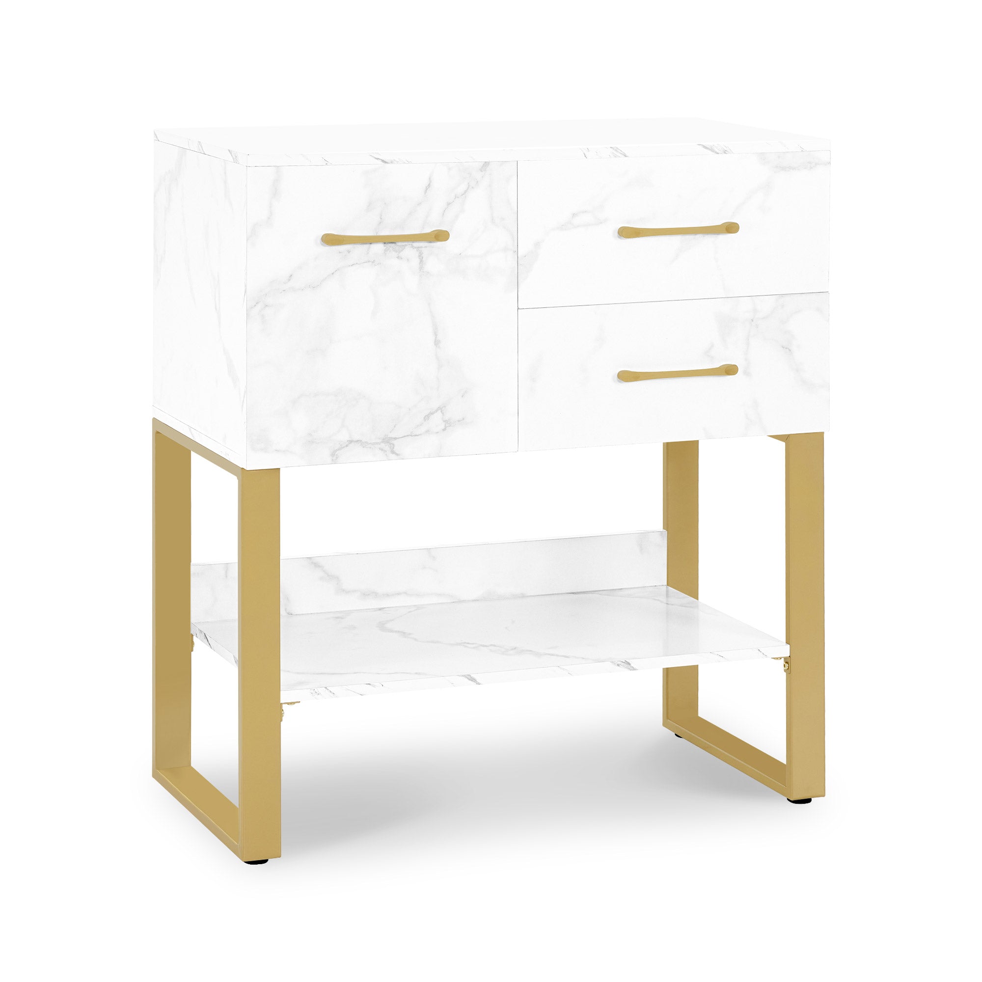 BarberPub Sideboard with 2 Drawers, Bathroom Cabinet with Cupboard & Open Shelf, Dresser with Metal Frame, Side Cabinet for Hair Salon, Storage Cabinet Marble-White Gold, 40x80x90.5cm, 6678