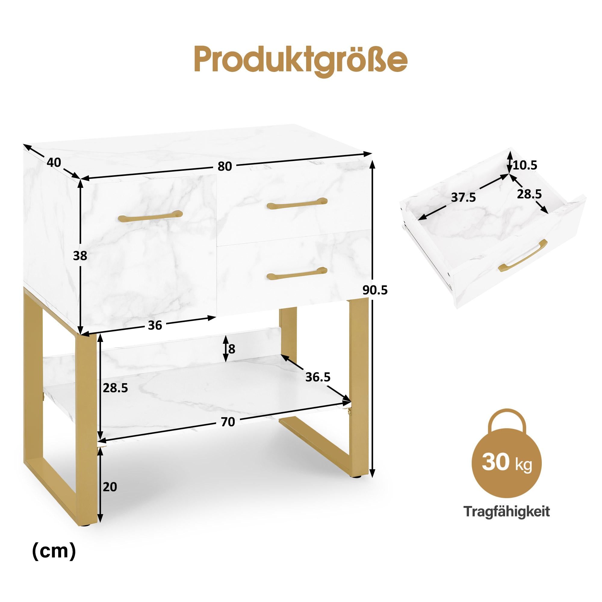 BarberPub Sideboard with 2 Drawers, Bathroom Cabinet with Cupboard & Open Shelf, Dresser with Metal Frame, Side Cabinet for Hair Salon, Storage Cabinet Marble-White Gold, 40x80x90.5cm, 6678