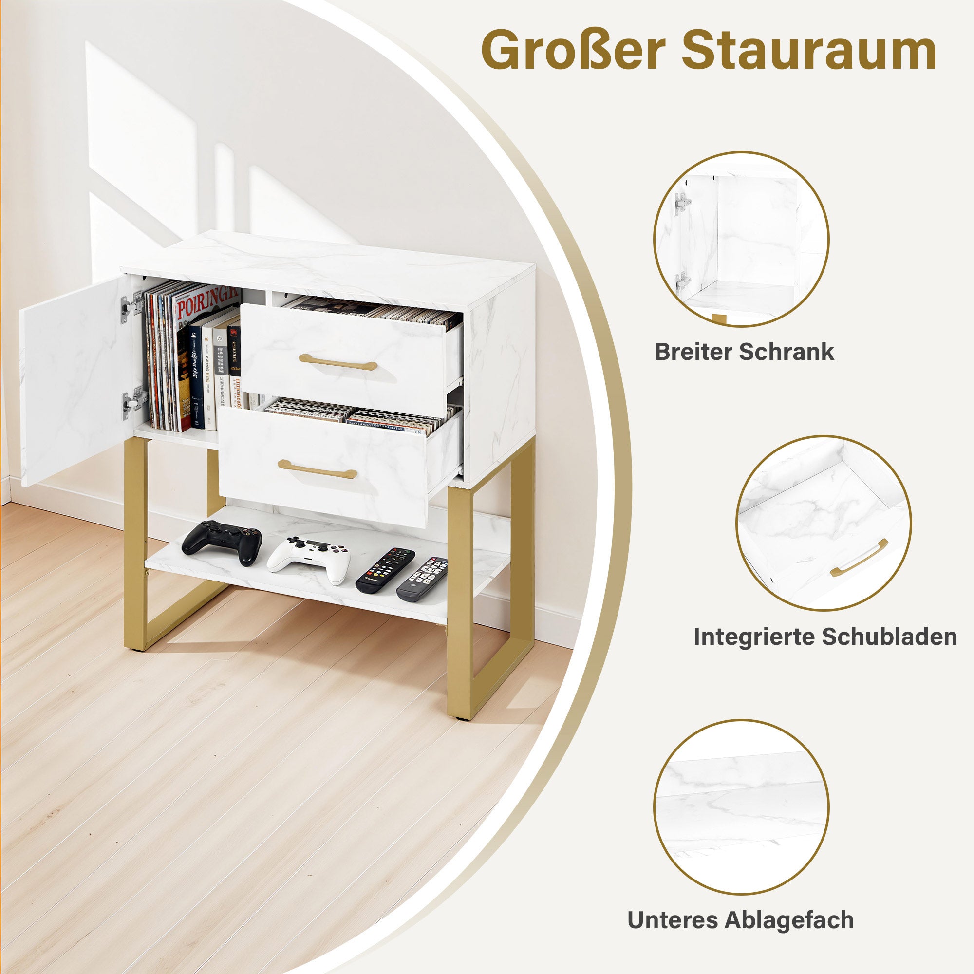 BarberPub Sideboard with 2 Drawers, Bathroom Cabinet with Cupboard & Open Shelf, Dresser with Metal Frame, Side Cabinet for Hair Salon, Storage Cabinet Marble-White Gold, 40x80x90.5cm, 6678