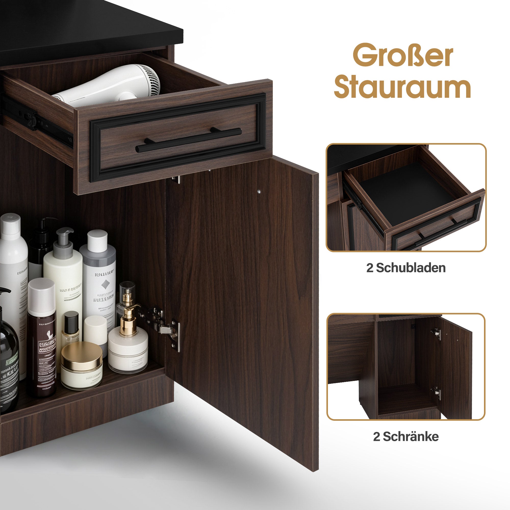 BarberPub Friseurplatz mit 2 Schubladen, Schminktisch mit Spiegel, Bedienungsplatz mit 6 Ablagen & 2 Schränken, Spiegelschrank mit Beleuchtung, Spiegeltisch Modern, Friseureinrichtung, J3131 (Braun)