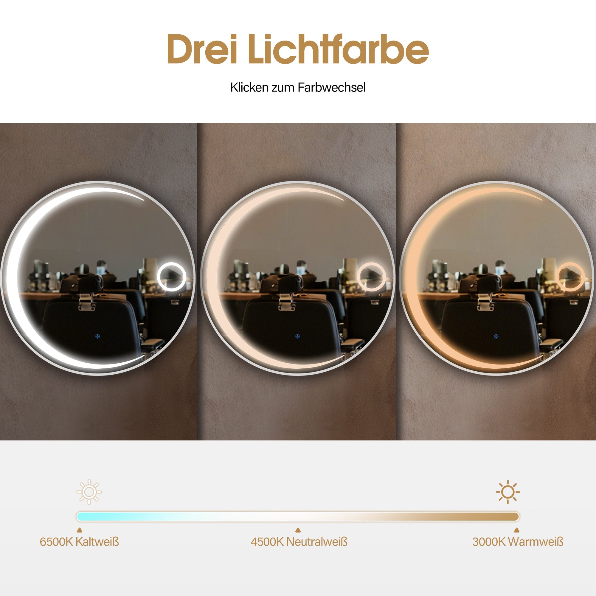 BarberPub Miroir Mural Lumineux, Miroir de Salle de Bain avec Cadre en Aluminium, Miroir Rond avec Interrupteur Tactile, 3 Couleurs d'Éclairage Dimmables, Miroir de Salle de Bain pour Salon de Coiffure, Spa, 83x83cm, J6228 (Argent)