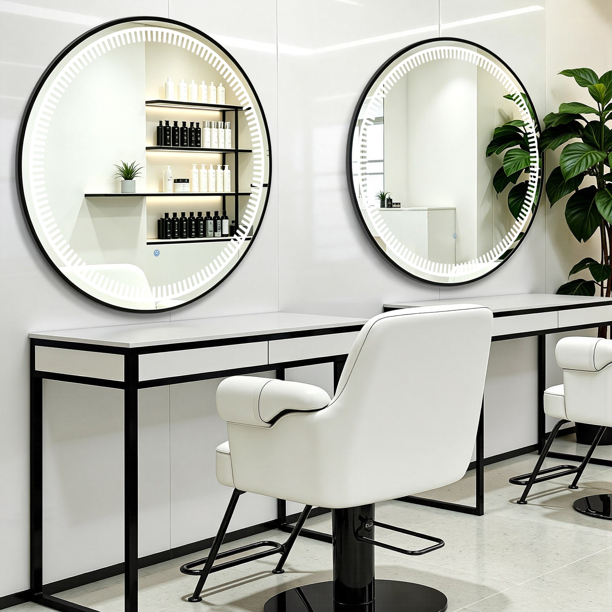 BarberPub Miroir Mural Lumineux, Miroir de Salle de Bain avec Cadre en Aluminium, Miroir Rond avec Interrupteur Tactile, 3 Couleurs d'Éclairage Dimmables, Miroir de Salle de Bain pour Salon de Coiffure, Spa, 83x83cm, J6236